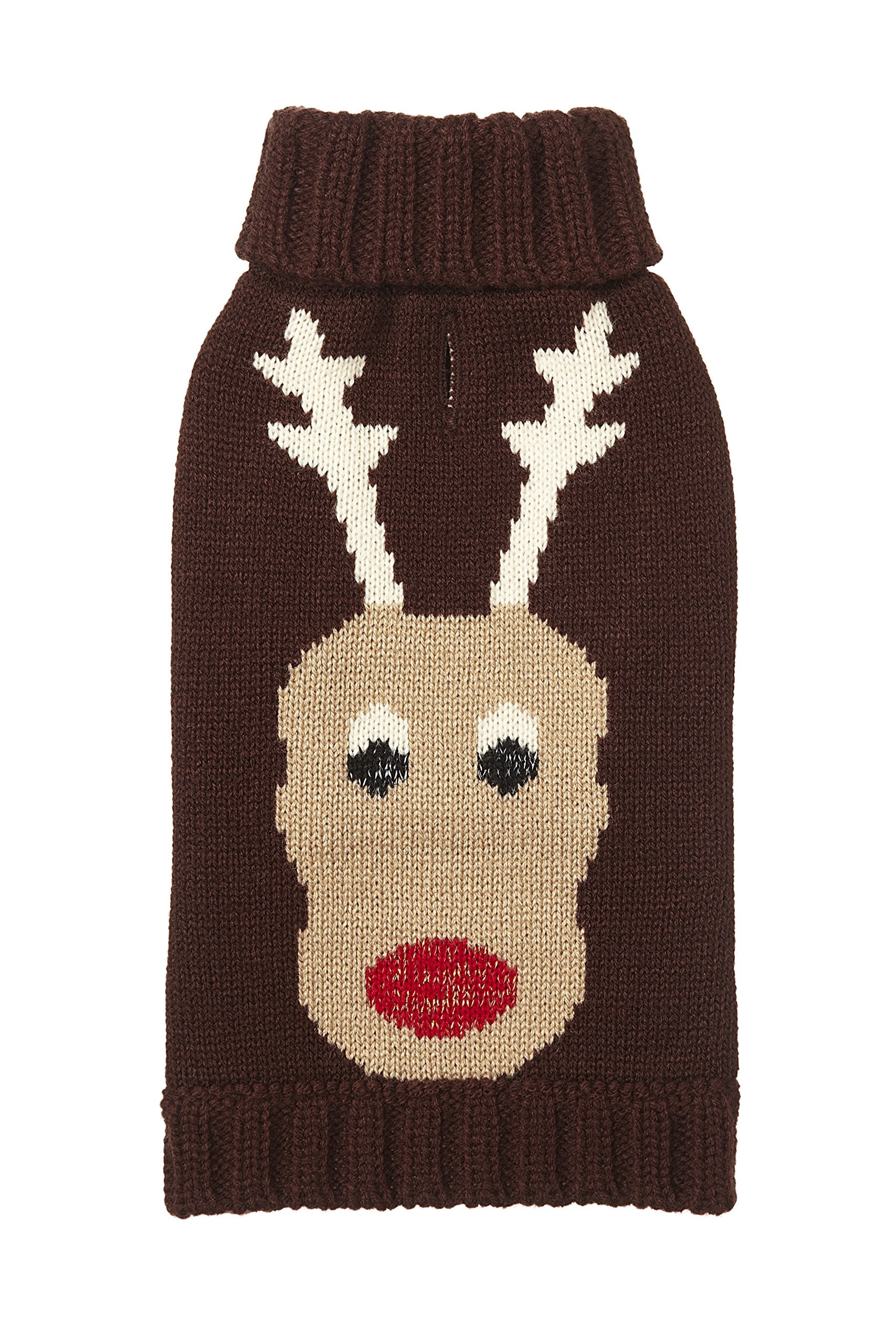 Fab Dog Holiday Reindeer Knit Turtleneck Dog Sweater, Chocolate, 8'' Length