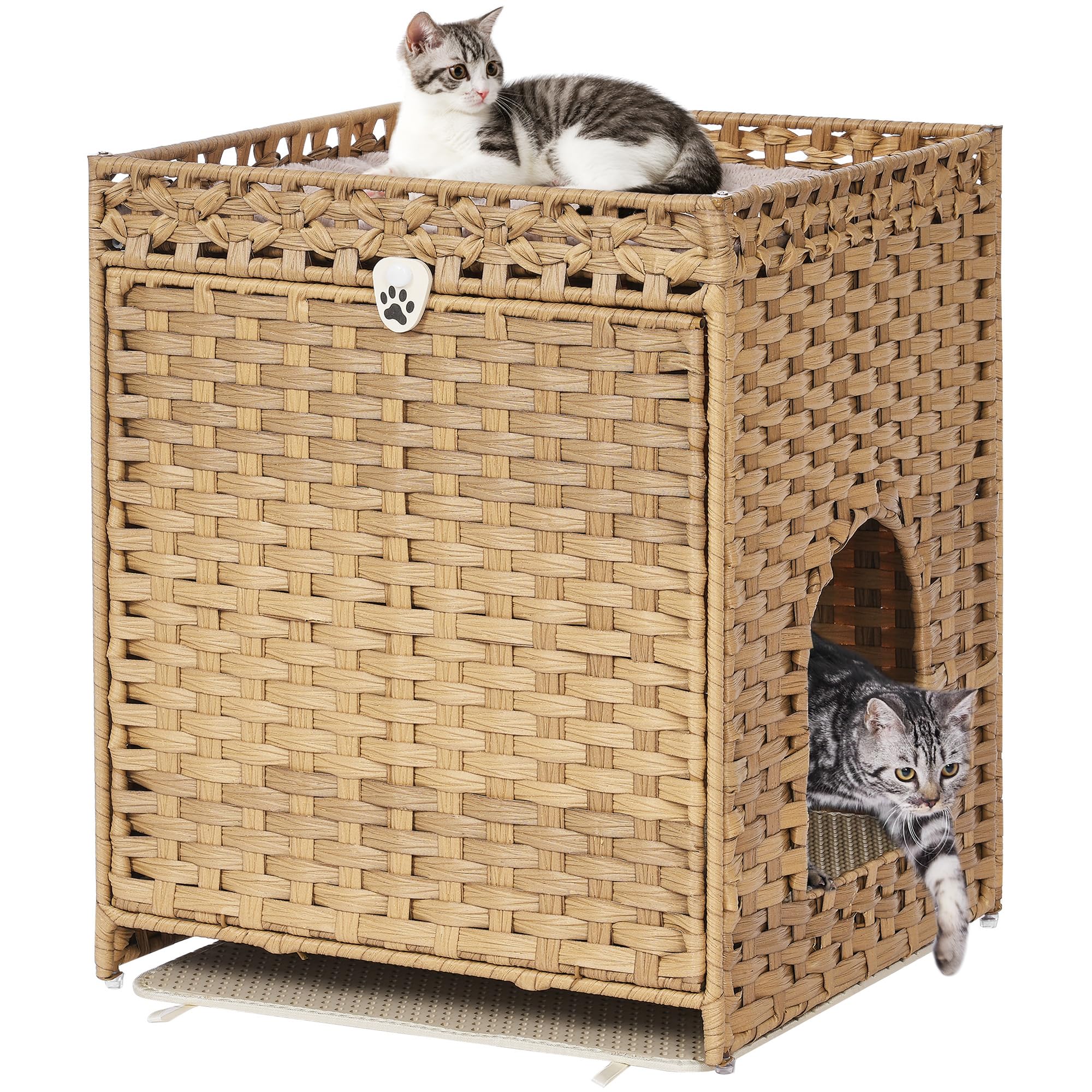 Cat Litter Box Enclosure With Soft Litter Mat; Hidden Cat Washroom Furniture With Door; Handwoven Rattan Cat House; Pet Crate Fo