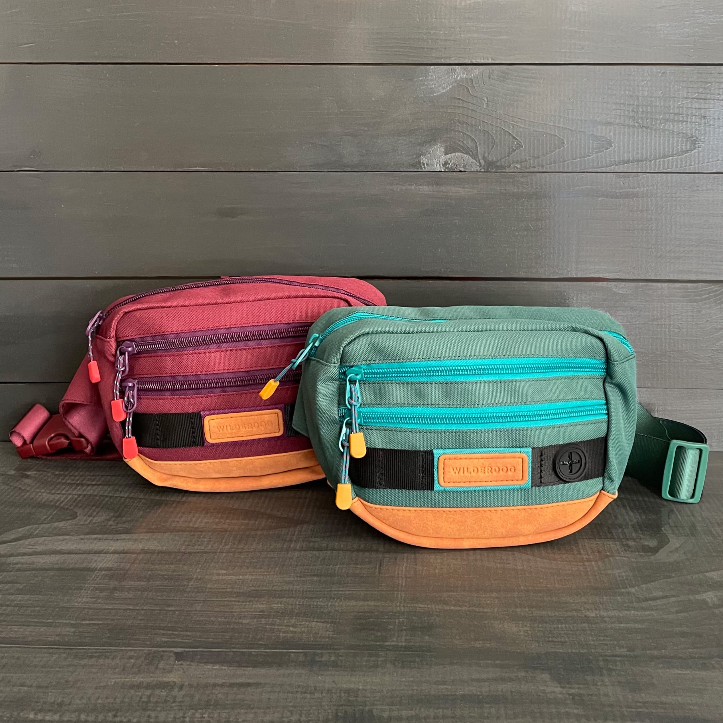Wilderdog Utility Fanny Pack stores Treats, Balls, Keys in 3 Pockets with adjustable strap and Poop Bag dispenser (Huckleberry)