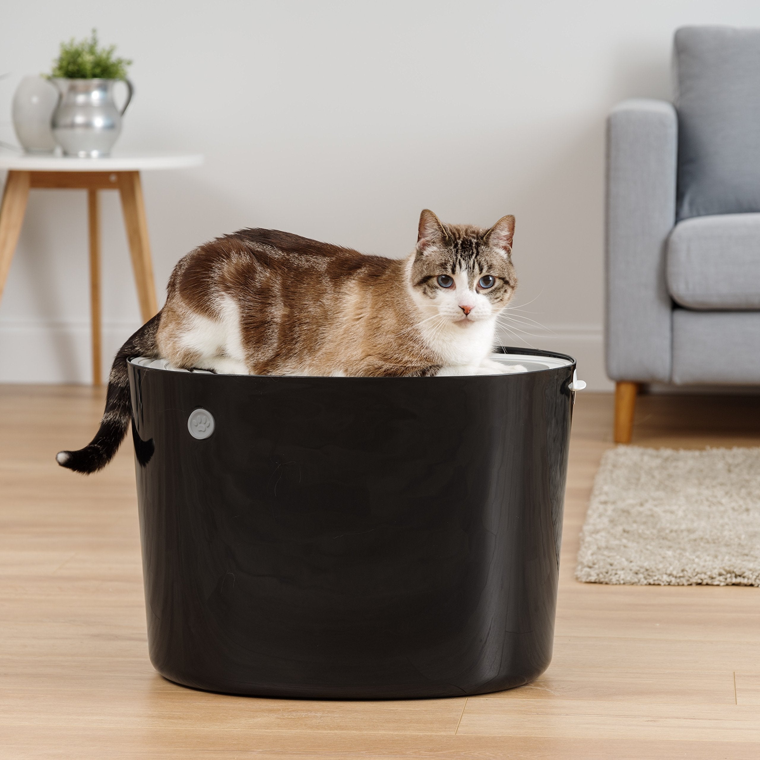 Iris Usa Cat Litter Box, Top Entry Litter Box With Scoop, Stylish Round Cat Litter Box Enclosure, Kitty Litter Box, Black/Gray