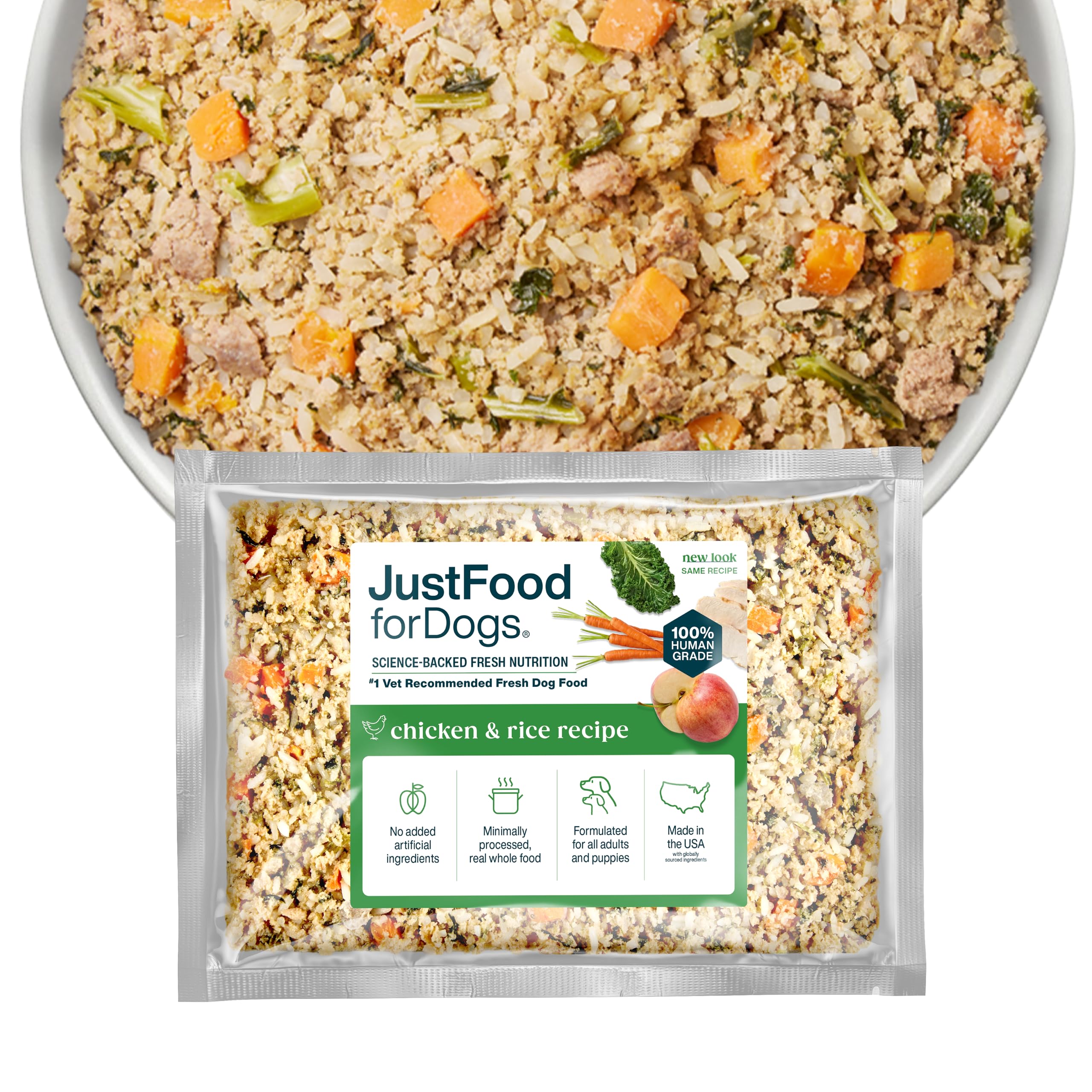 JustFoodForDogs Frozen Fresh Dog Food, Complete Meal or Topper, Chicken & Rice Human Grade Recipe, 18 oz (Pack of 7)