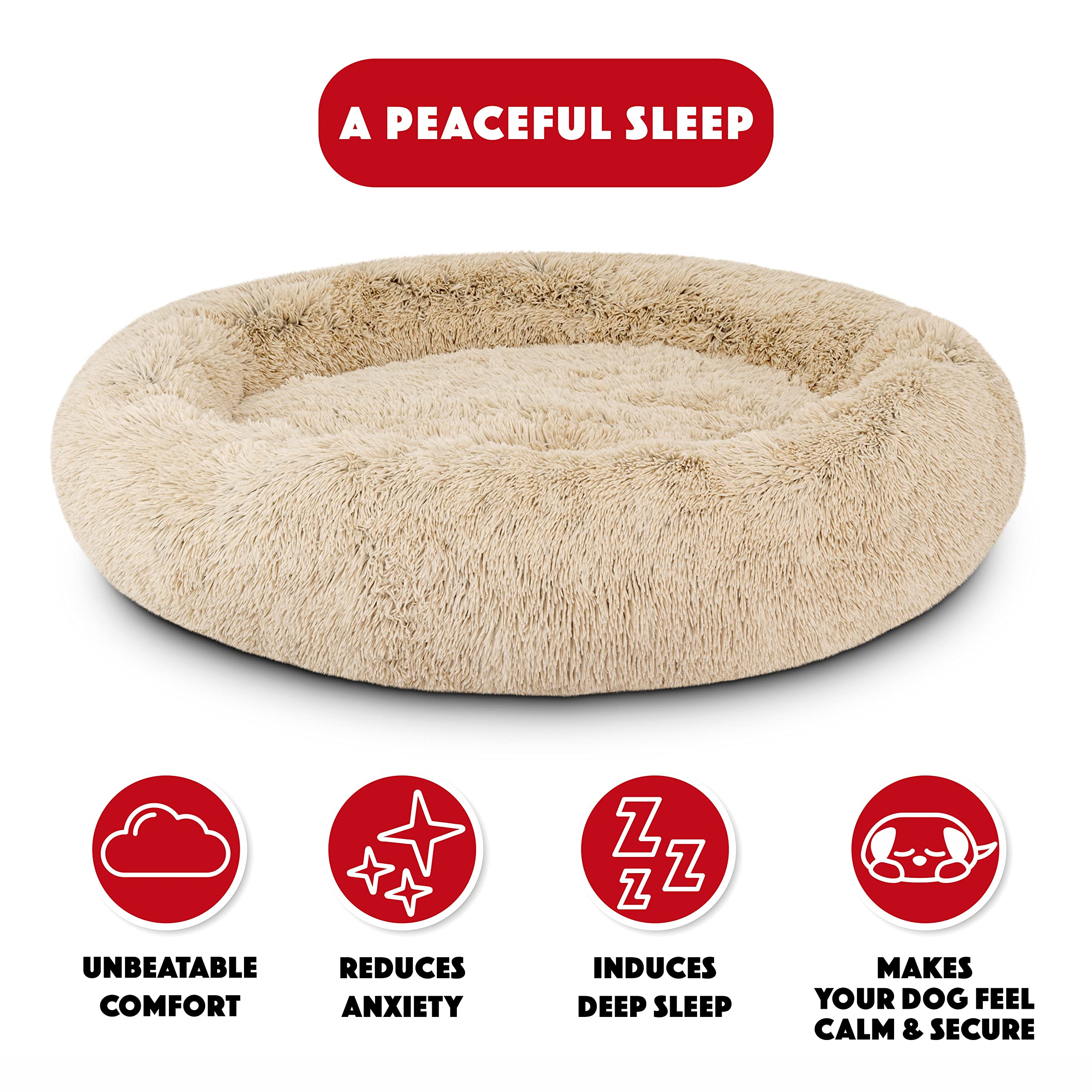 The Dogs Bed Sound Sleep Donut Dog Bed, XXL Dog Beige Fur Calming Nest Bed Removable Cover, Veterinary Approved