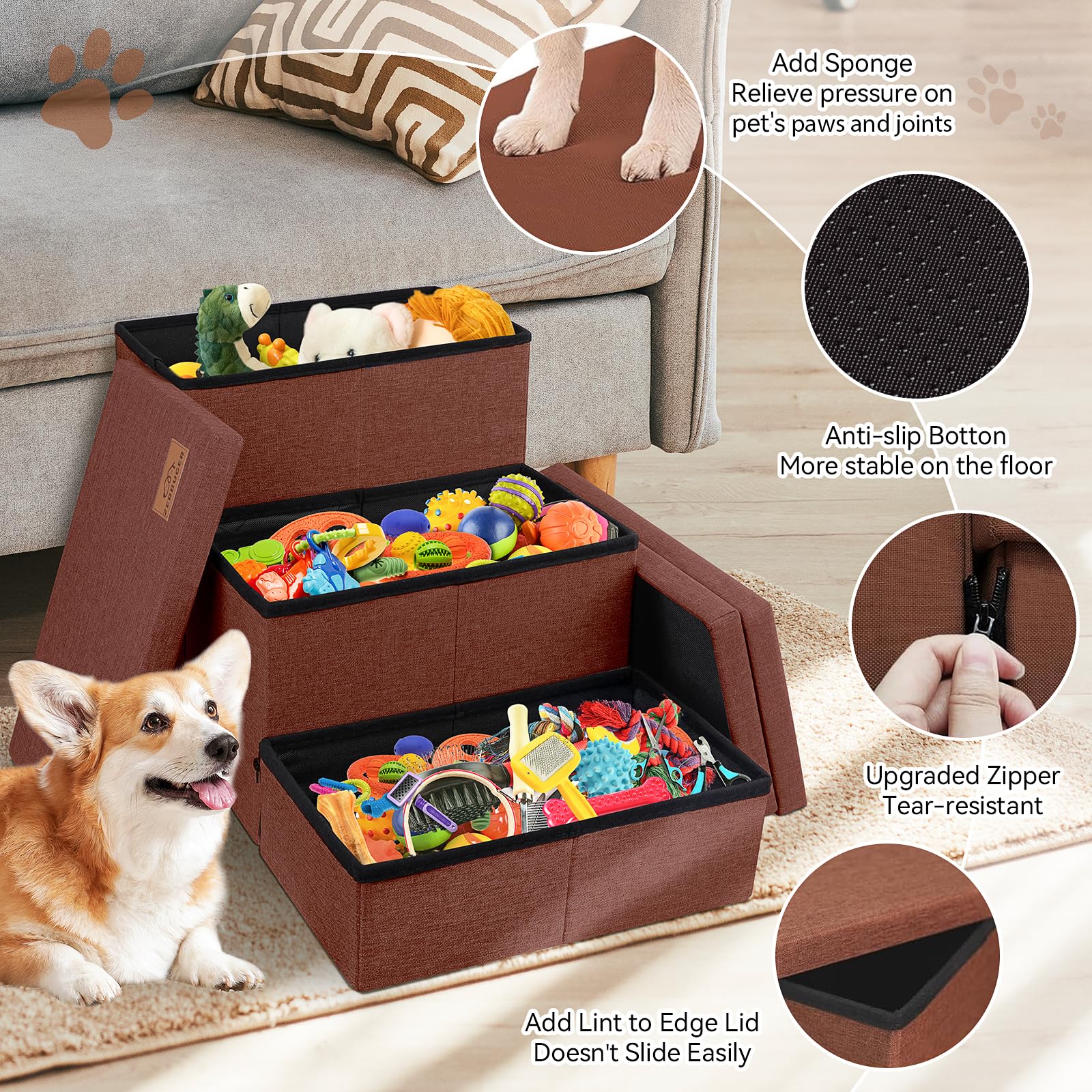 Zerbuger Dog Stairs with Storage 18  H, 3-Step Wider Dog Steps for Small/Medium/Large Old Dogs Cats, Folding Sturdy Pet Stairs C