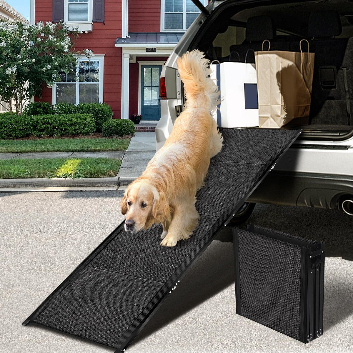 Voistino 71”L*19.7”W Extra Wide & Long Dog Ramp For Car Truck Suv, Portable Folding Pet Ramps For Small Medium Large Dogs And Cats, Lightweight Aluminum Frame, Supports Up To 155 Lbs