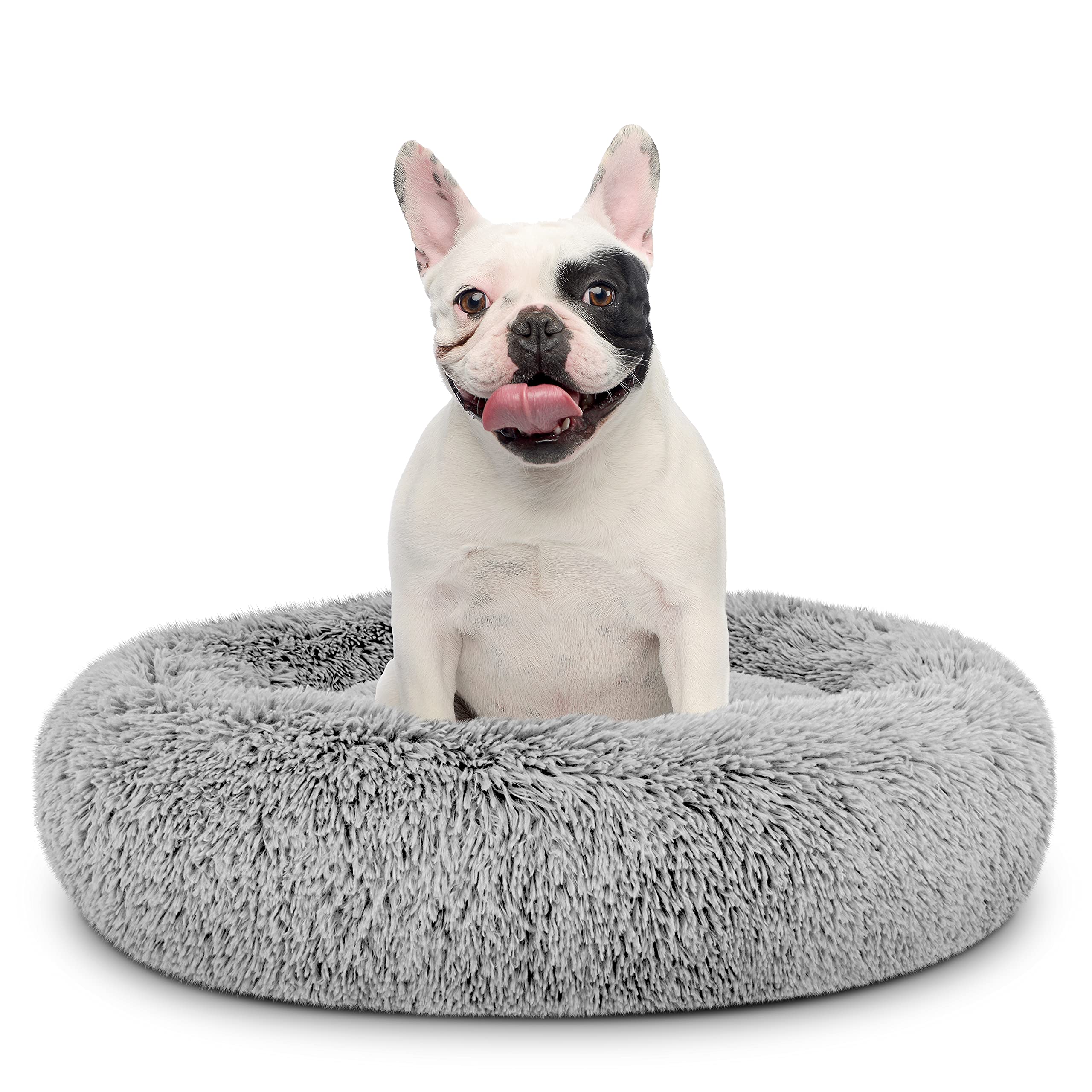 The Dogs Bed Sound Sleep Donut Dog Bed, Med Silver Grey Fur Calming Nest Bed, Veterinary Approved