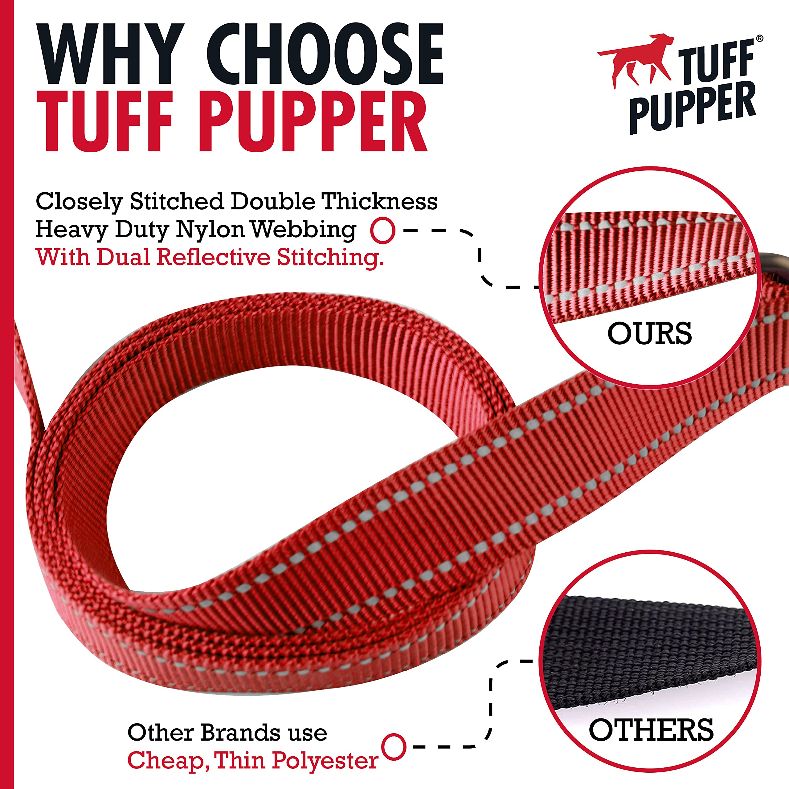 Tuff Pupper Heavy Duty Double Handle Leash - Twist Lock Carabiner Clip For Strong Medium & Large Dogs - Reflective, 6Ft