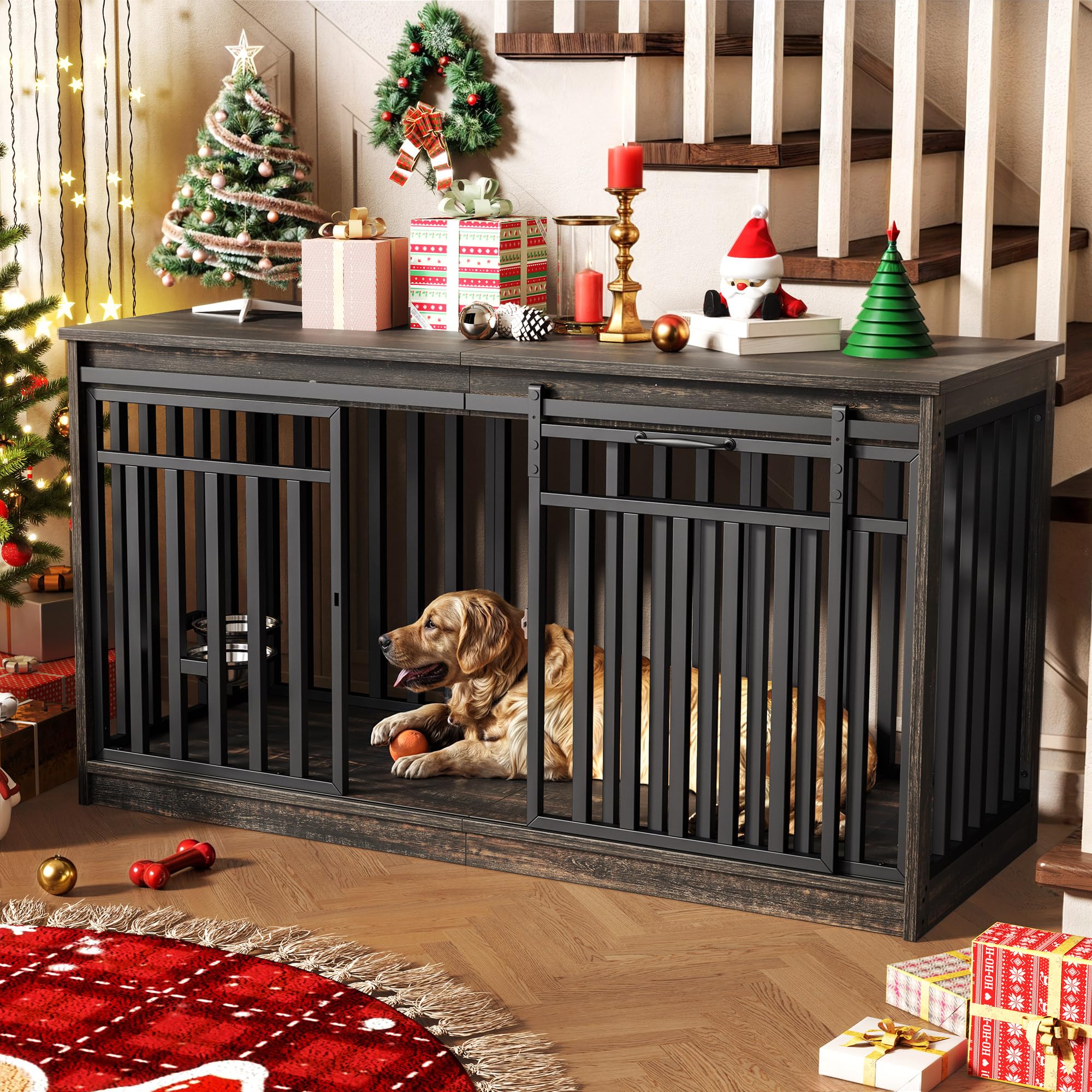 DWVO 55 Extra Large Dog Crate Furniture, Heavy Duty Metal Dog Kennel TV Stand with Sliding Door, Wooden Dog Cage Table with Dog 