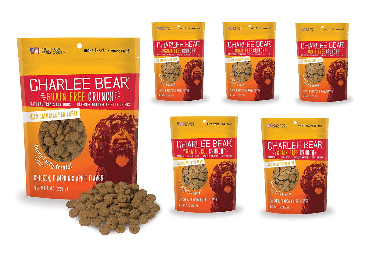 Charlee Bear Dog Training Treats For Small, Medium & Large Breeds, Crunchy Low Calorie Grain Free Dog Treats, Usa Made, Chicken, Pumpkin & Apple, 6 Pack, 8Oz Each