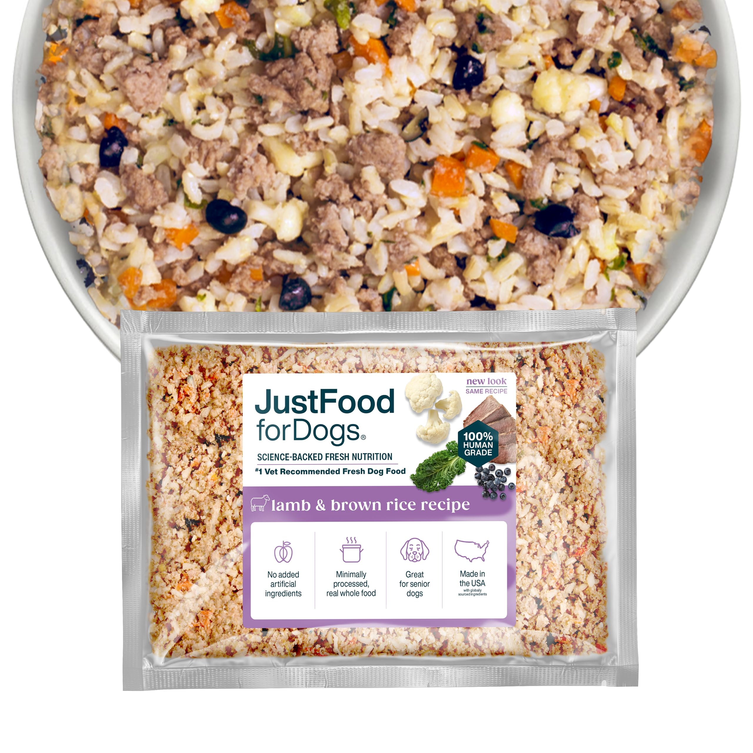 JustFoodForDogs Frozen Fresh Dog Food, Complete Meal or Topper, Lamb & Brown Rice Human Grade Dog Food Recipe,18 oz (Pack of 21)