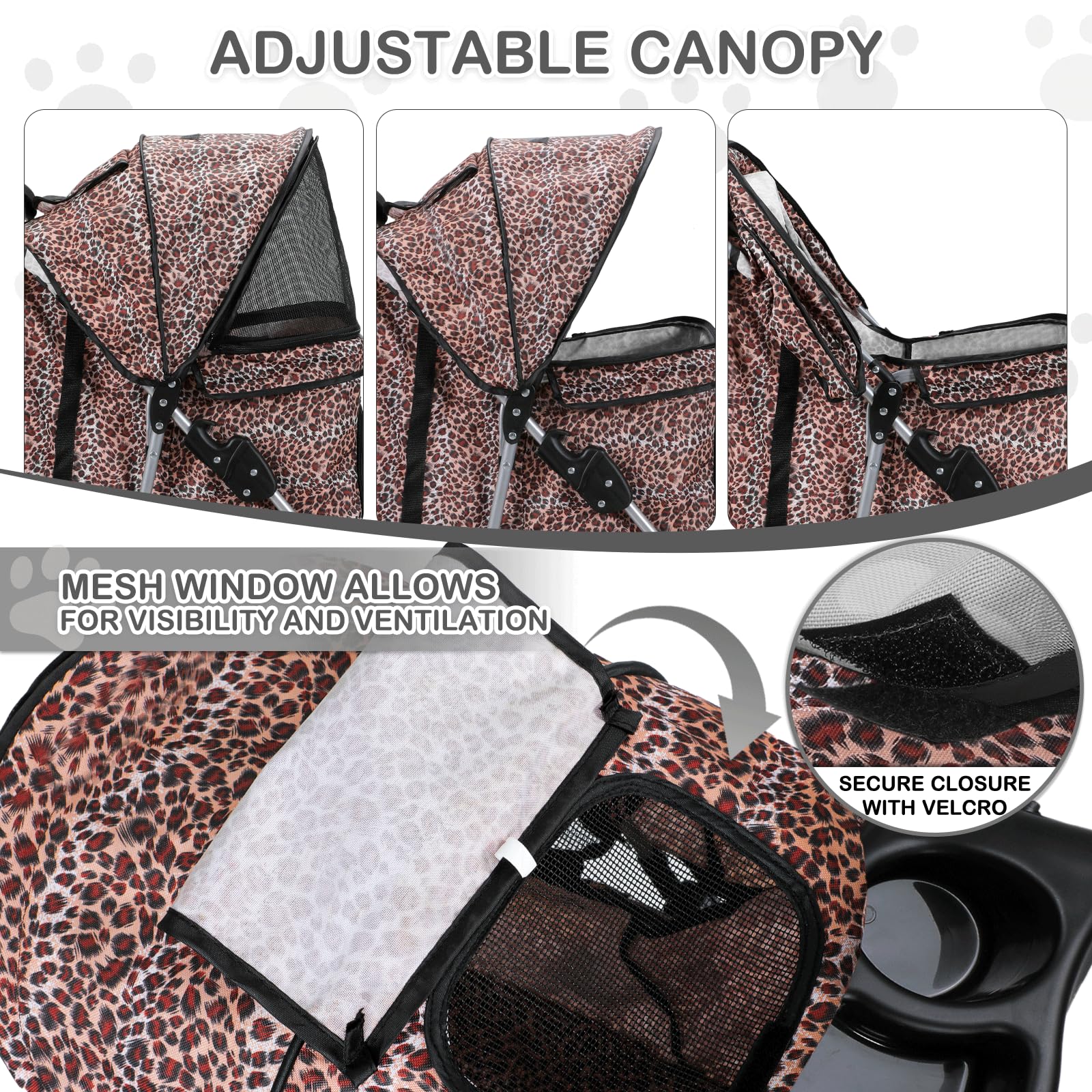 Monibloom 3 Wheels Pet Dog Cat Stroller For Small Medium Dogs Cats, Lightweight Foldable Jogger Stroller W/Storage Basket & Cup Holder, Leopard Print