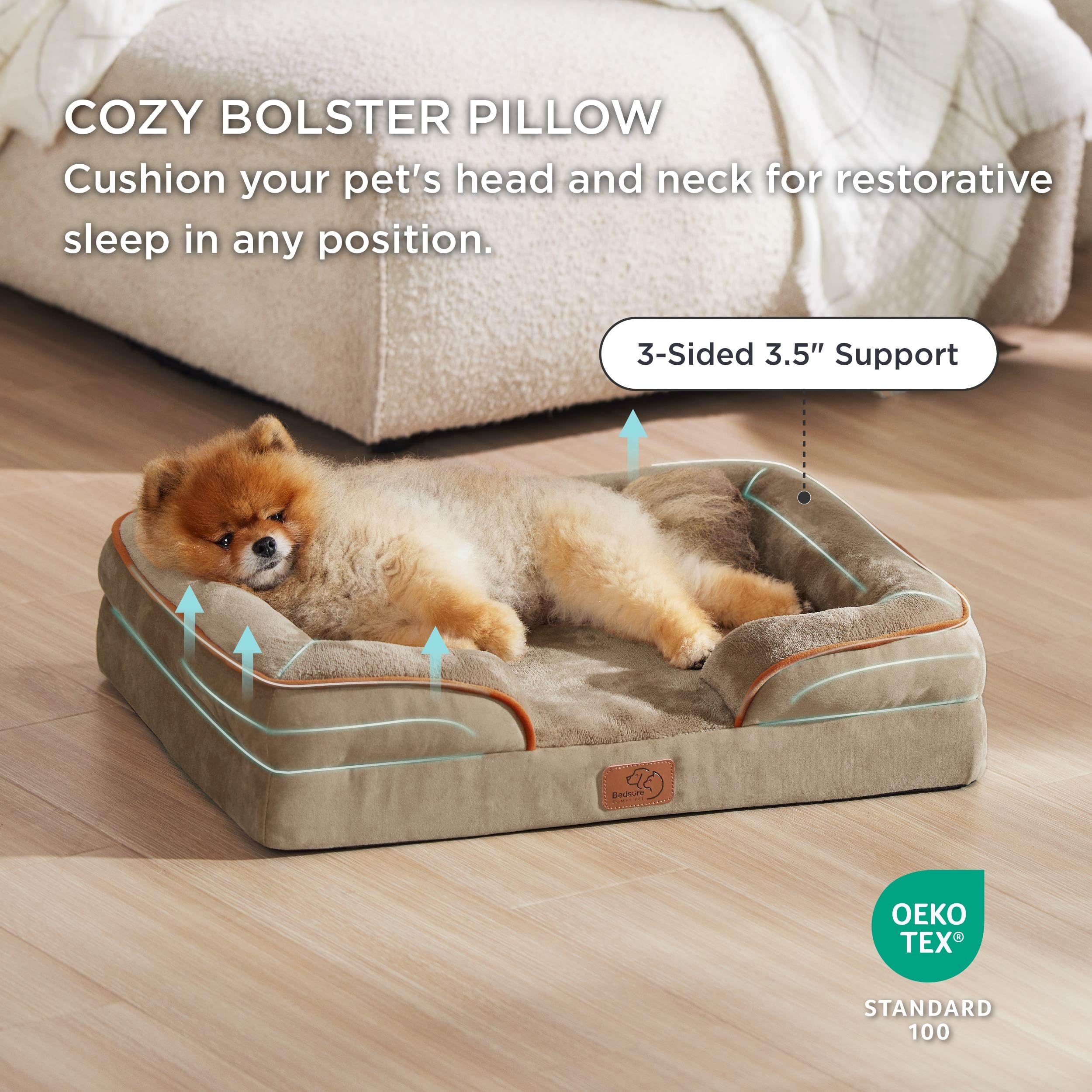 Bedsure Small Orthopedic Dog Bed - Washable Bolster Dog Sofa Beds For Small Dogs, Supportive Foam Pet Couch Bed With Removable Washable Cover, Waterproof Lining And Nonskid Bottom Couch, Hazel