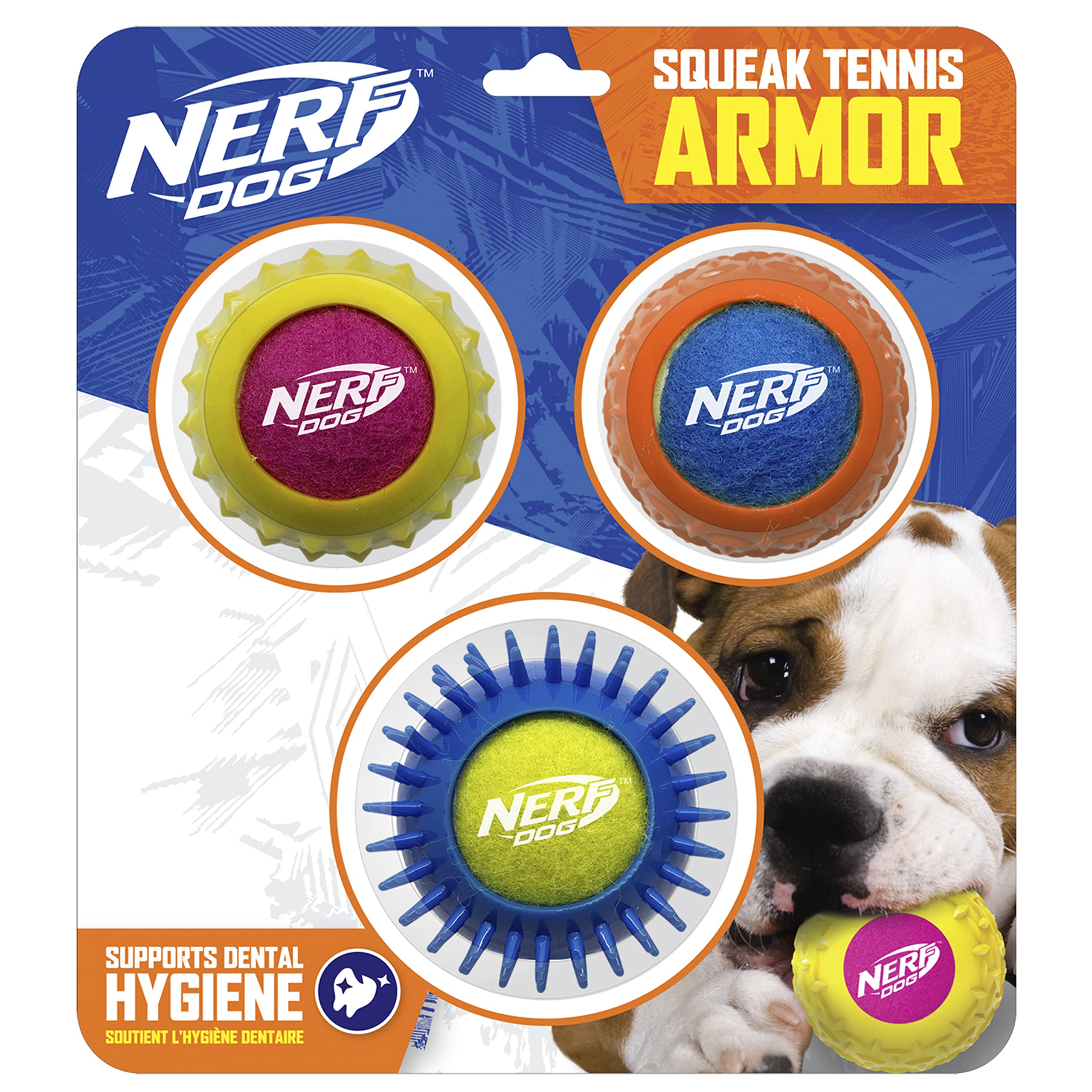 Nerf Dog 2.5In Squeak Armor Tennis Ball Dog Toys 3-Pack -Yellow/Pink And Orange/Blue And Blue/Green
