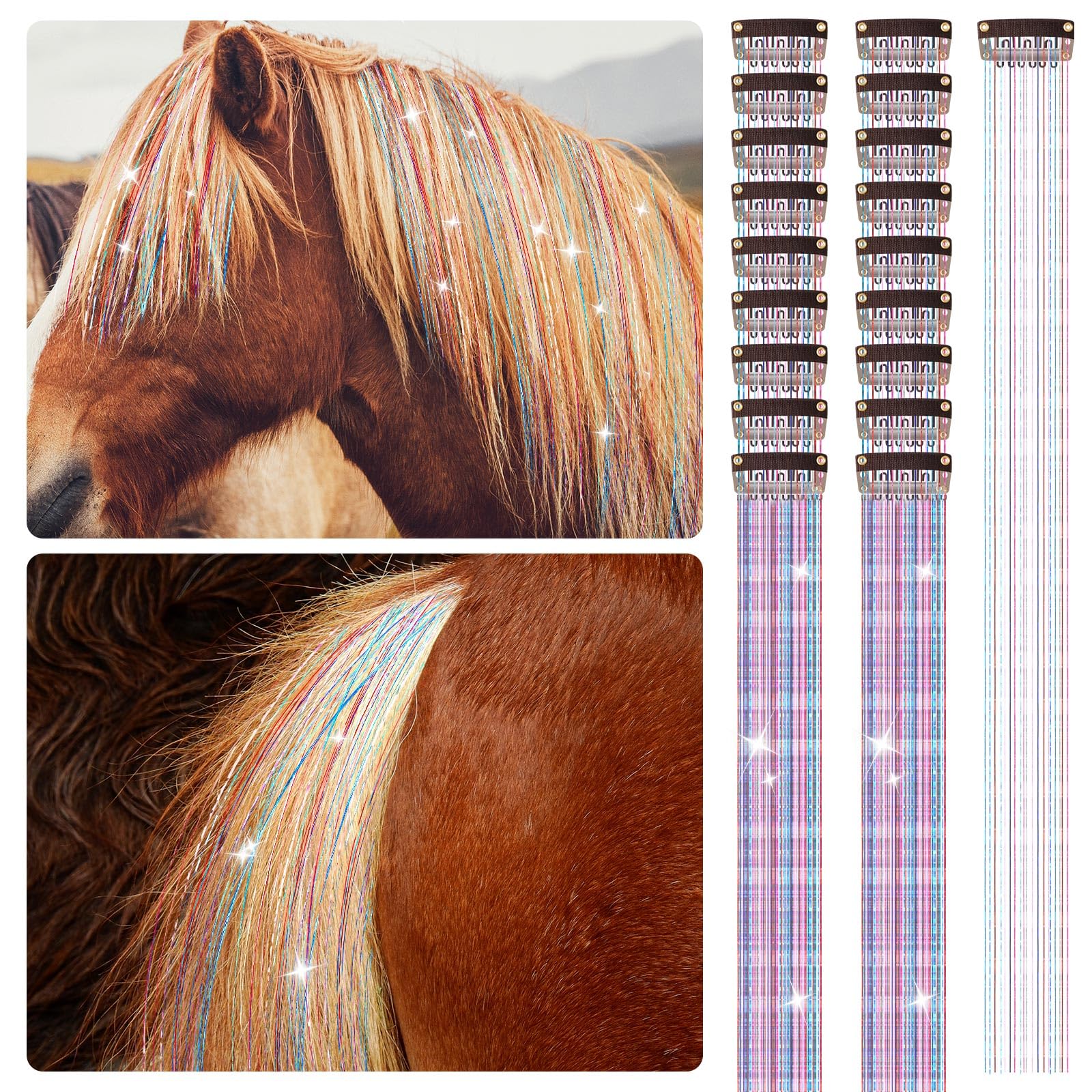 Juexica 18 Pcs Horse Accessory Clip In Hair Extensions For Mane And Tail Tack Horse Stuff Pony Hair Tinsel For Real Horses Weste