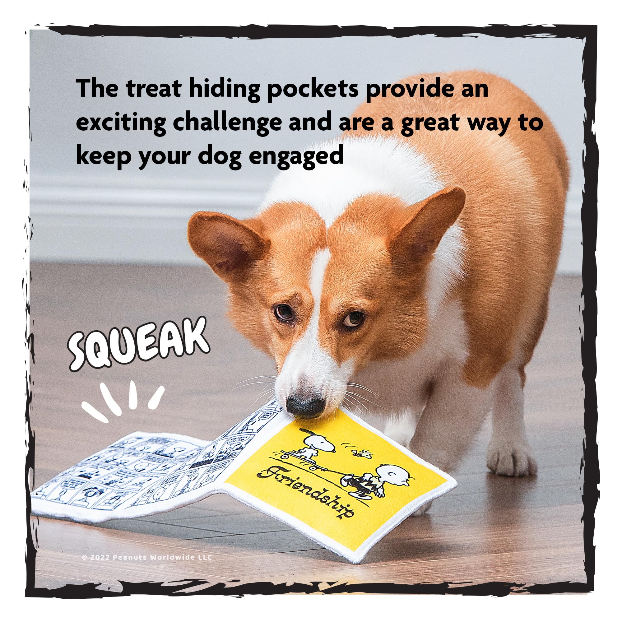 Peanuts for Pets Interactive Crinkle Comic Book Toy with Squeakers & Treat Pockets, 6x6? to 18?, Flattie Crinkle Newspaper, One Size