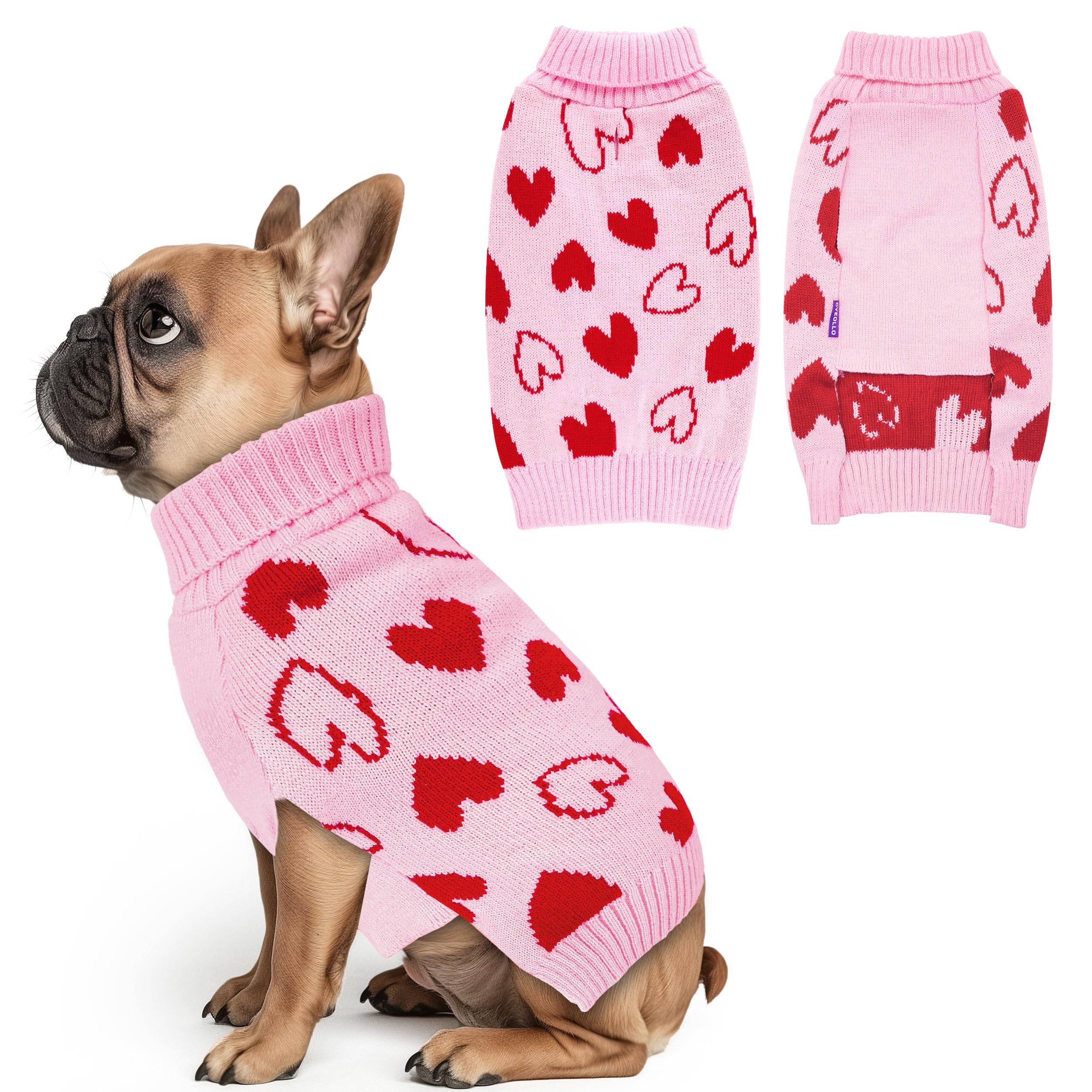 Cyeollo Dog Sweater Mothers Day Pullover Turtleneck Heart Pattern Holiday Theme Dog Clothes With Leash Hole Female Pet Apparel For Small Dogs Pink