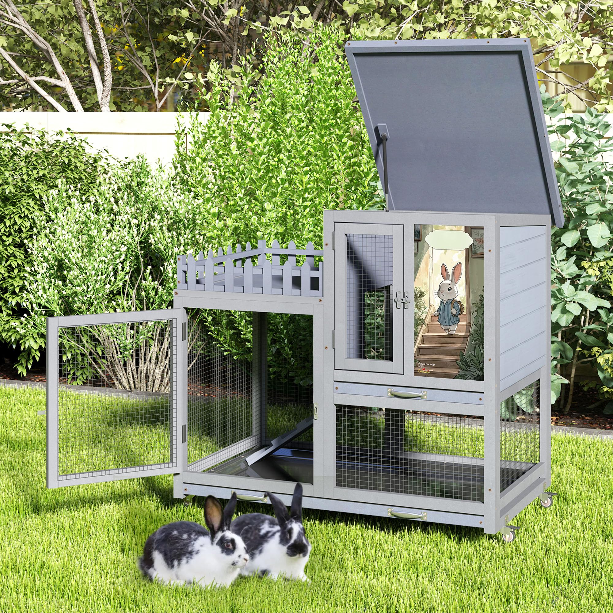 Coziwow Double Layers Durable 38In Rabbit Hutch Indoor On Wheels, Small Animal Houses Habitat, Rolling Large Bunny Cage Outdoor