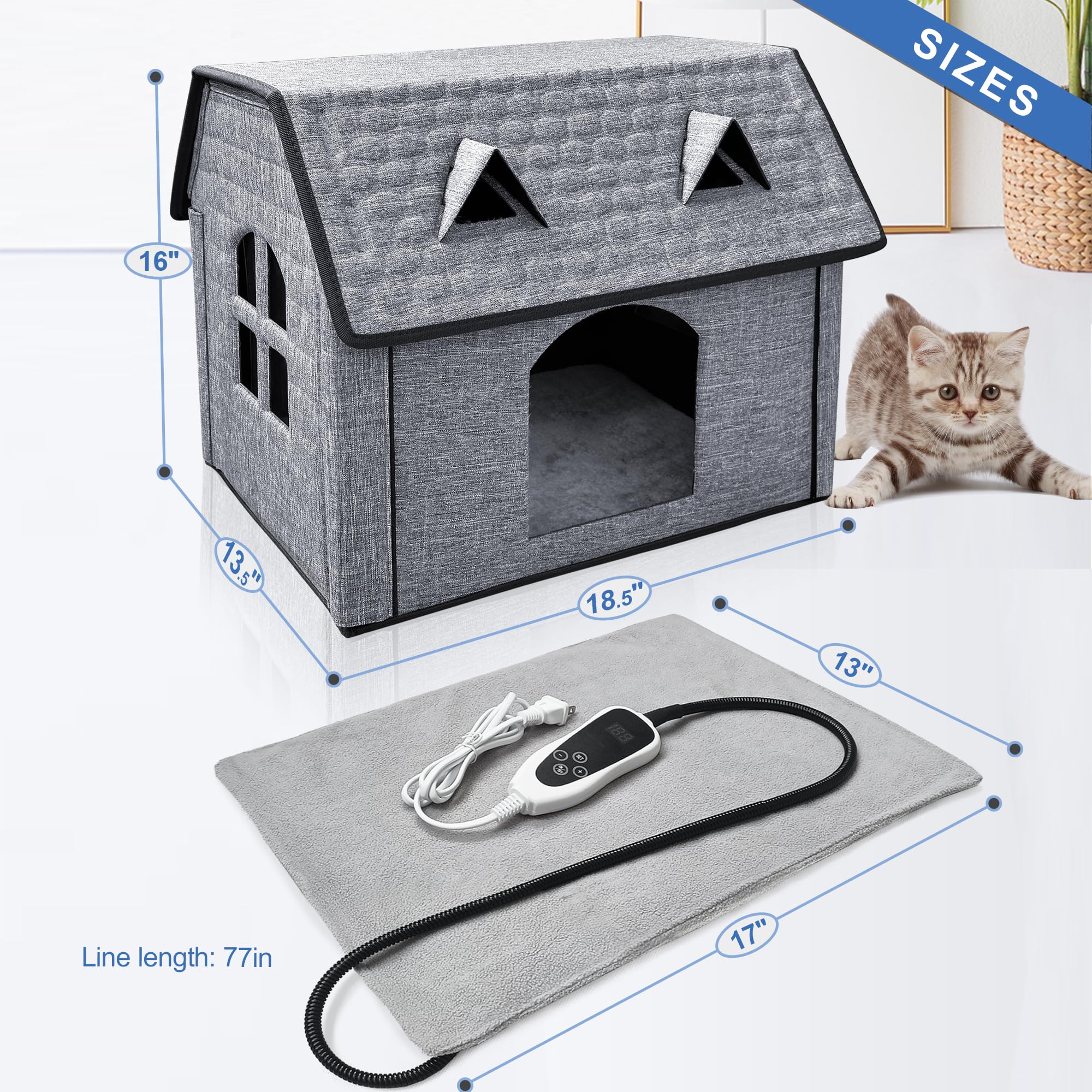 Golopet Heated Cat House With Pet Heating Pads, Intelligent Thermostat Cotroller, Cat Heating Shelter For Indoor Outdoor Kitty,