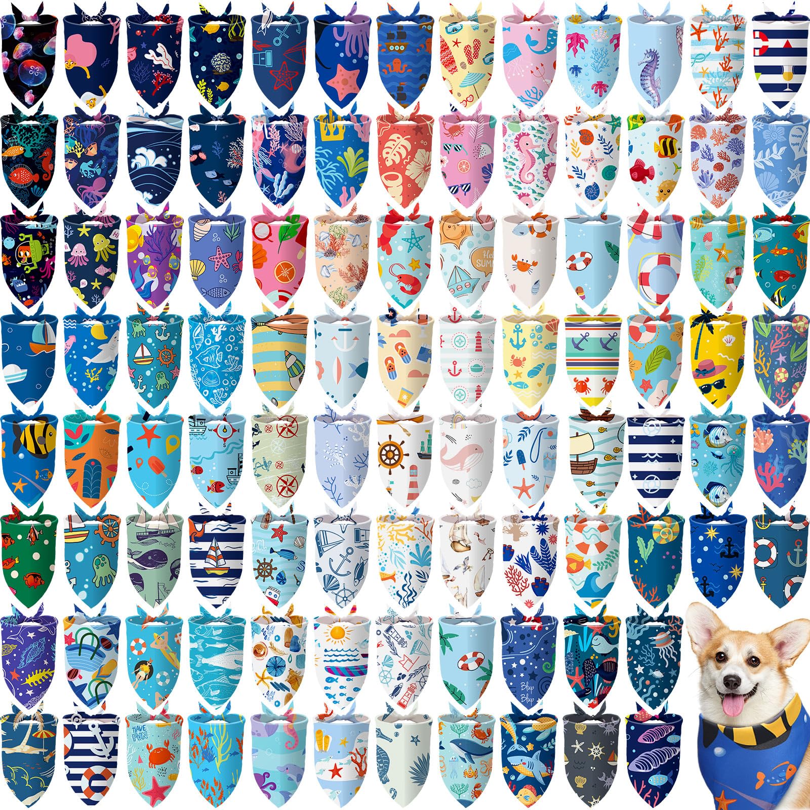 Huhumy 150 Pcs Ocean Dog Bandanas Bulk Summer Pet Bibs Triangle Ocean Themed Pet Scarf Bandanas for Medium Large Dogs Birthday S