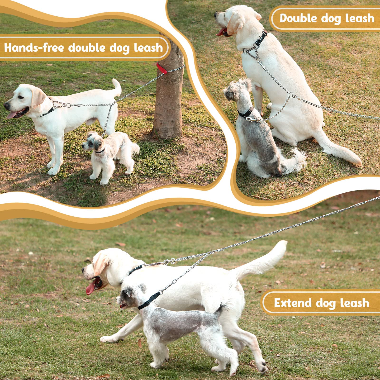 Pettom Heavy Duty 2 Way Dog Lead Metal Chain Double Pet Clip Leash Coupler (M 3.5Mm*60Cm Double Leash, Silver)