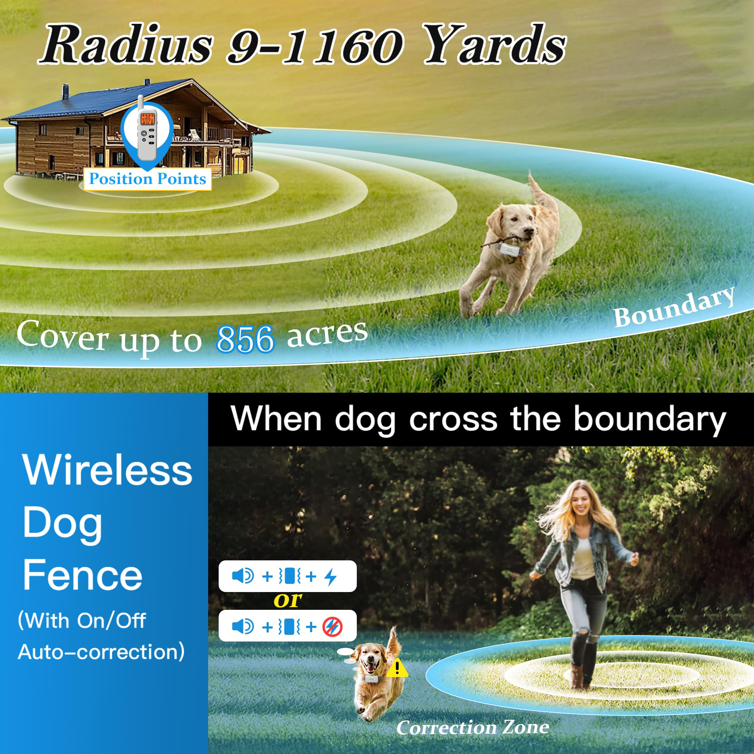 Htcuto Wireless Dog Fence & Ultrasonic Training Collar -1160-Yard Adjustable Boundary for Outdoor, 6100FT Remote, 4 Modes (Beep/