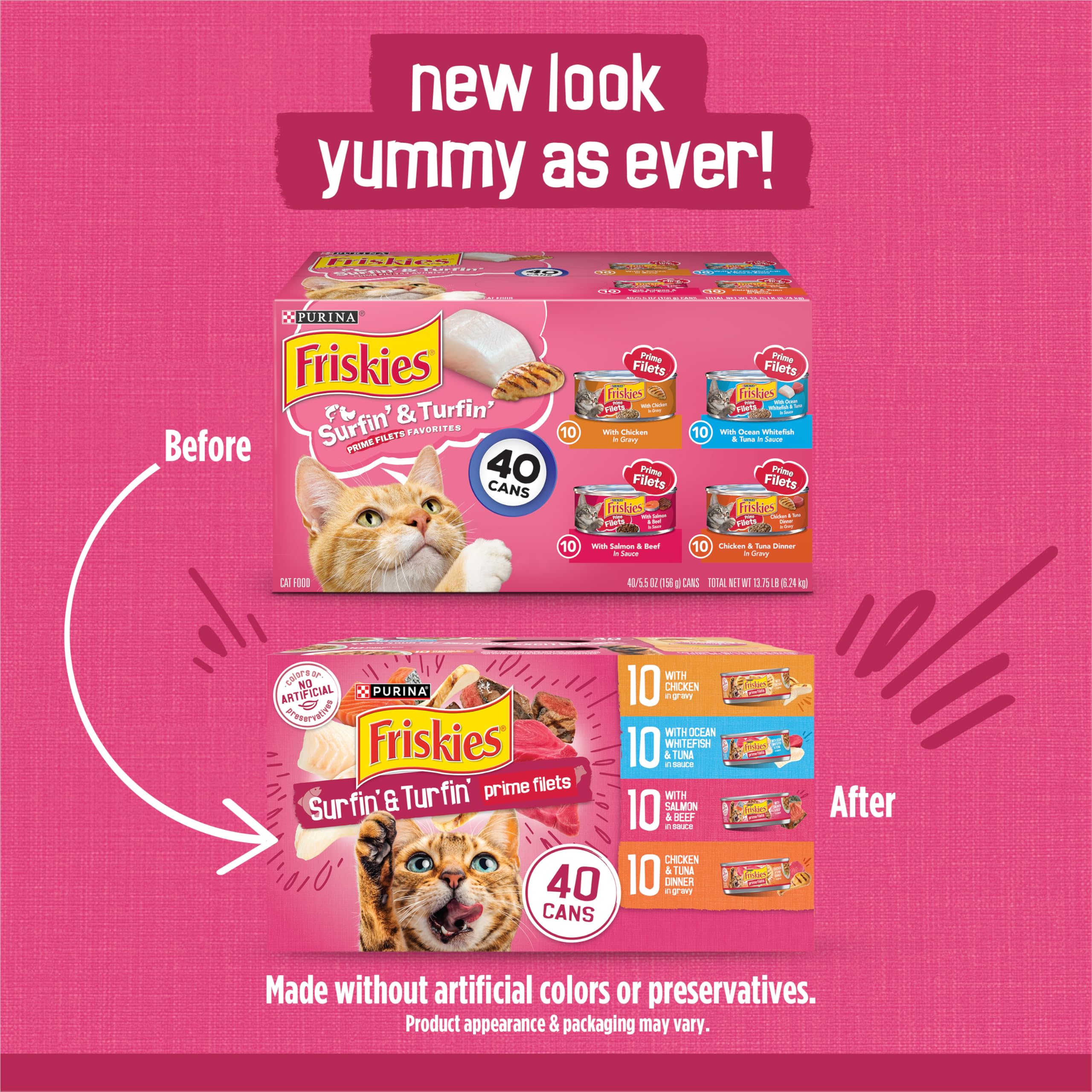 Purina Friskies Wet Cat Food Variety Pack, Surfin & Turfin Prime Filets Favorites - (Pack of 40) 5.5 oz. Cans