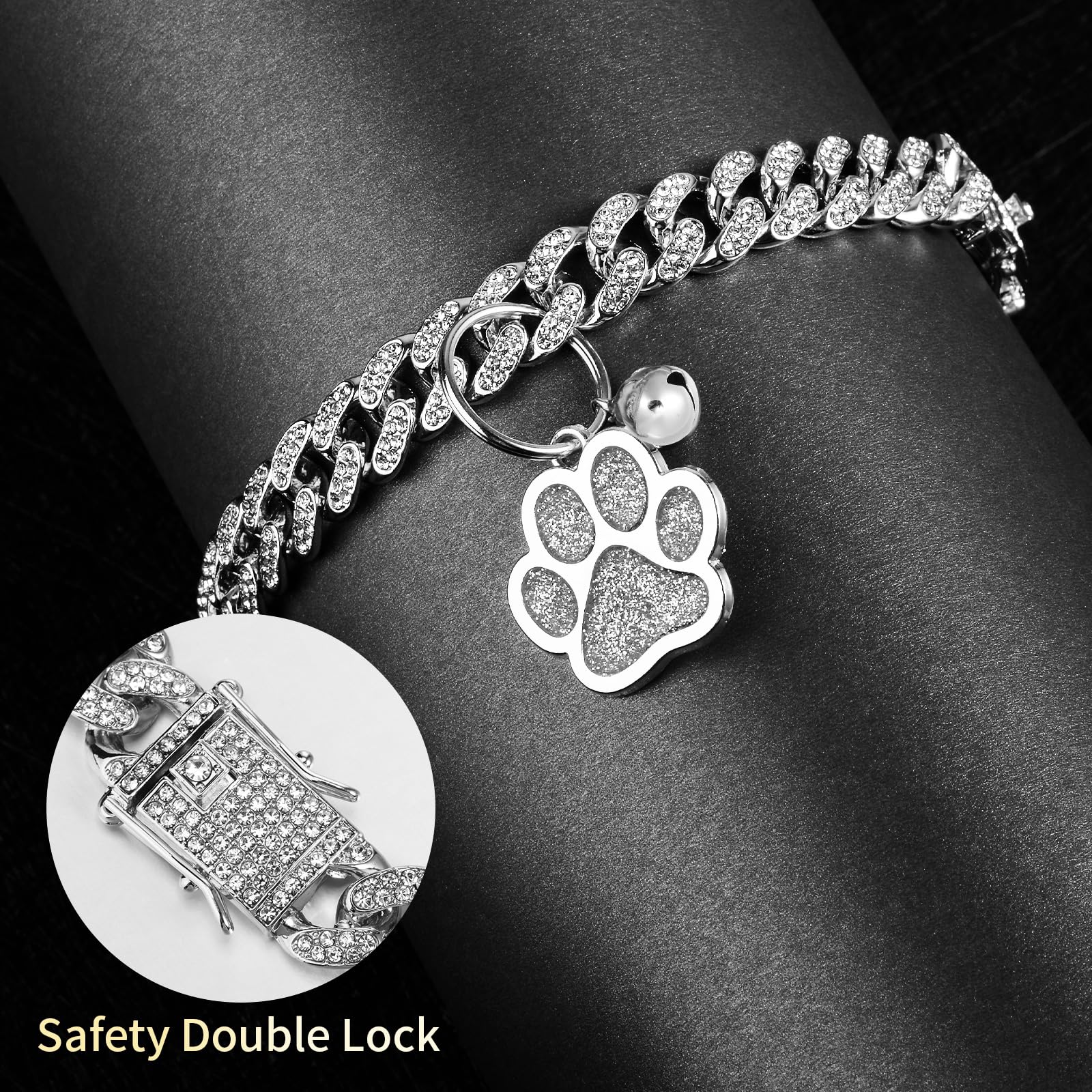 Hillban Cat Collar Diamond Chain Glitter Collar Walking Metal With Secure Buckle Cat Pet Necklace With Paw Charm And Id Tag Bell