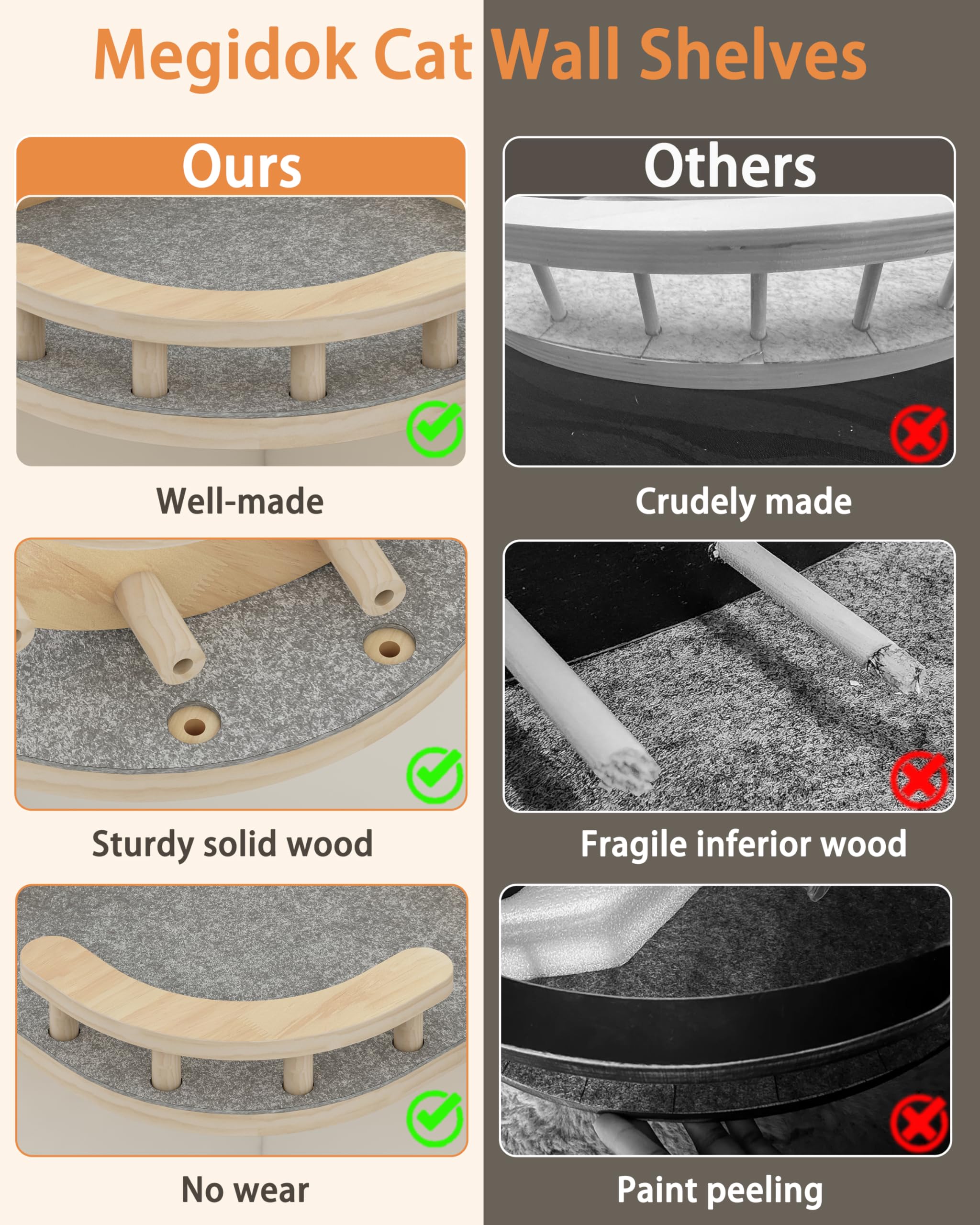 Megidok Cat Wall Furniture Corner Climbing Shelf Perches, Cat Bed Wall Mounted With 3 Wide Steps,Modern Floating Stairs For Wall