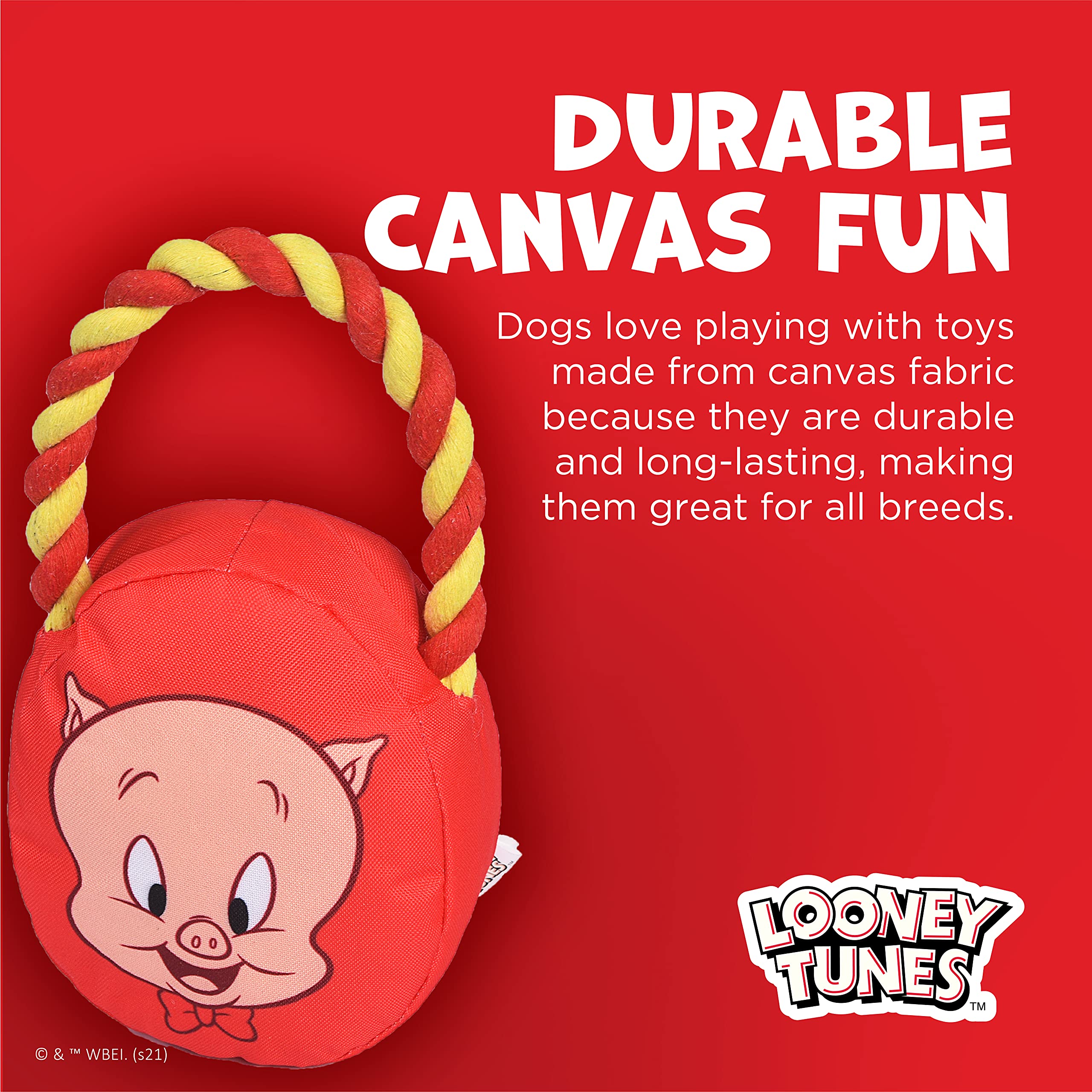 Looney Tunes For Pets Porky Pig Rope Head Stuffed Dog Toy For All Dogs | Red And Yellow Character Plush Fabric Toy For Dogs | Cute Rope Canvas Dog Toy