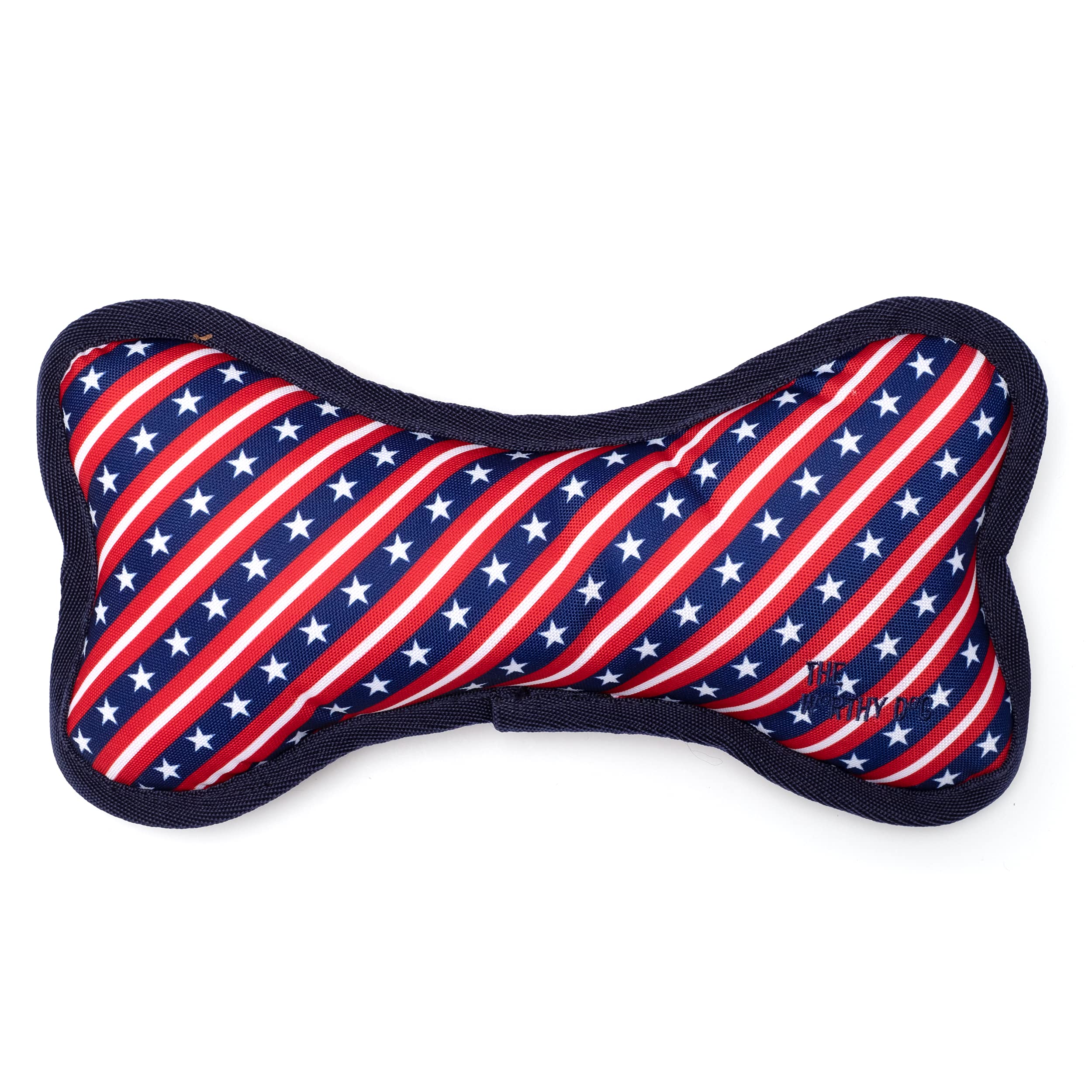 The Worthy Dog Bias Stars & Stripes Chew Toy, Fun Fetch Play With Squeaker For Dogs, Durable Material For Aggressive Chewers, Multicolor - Small