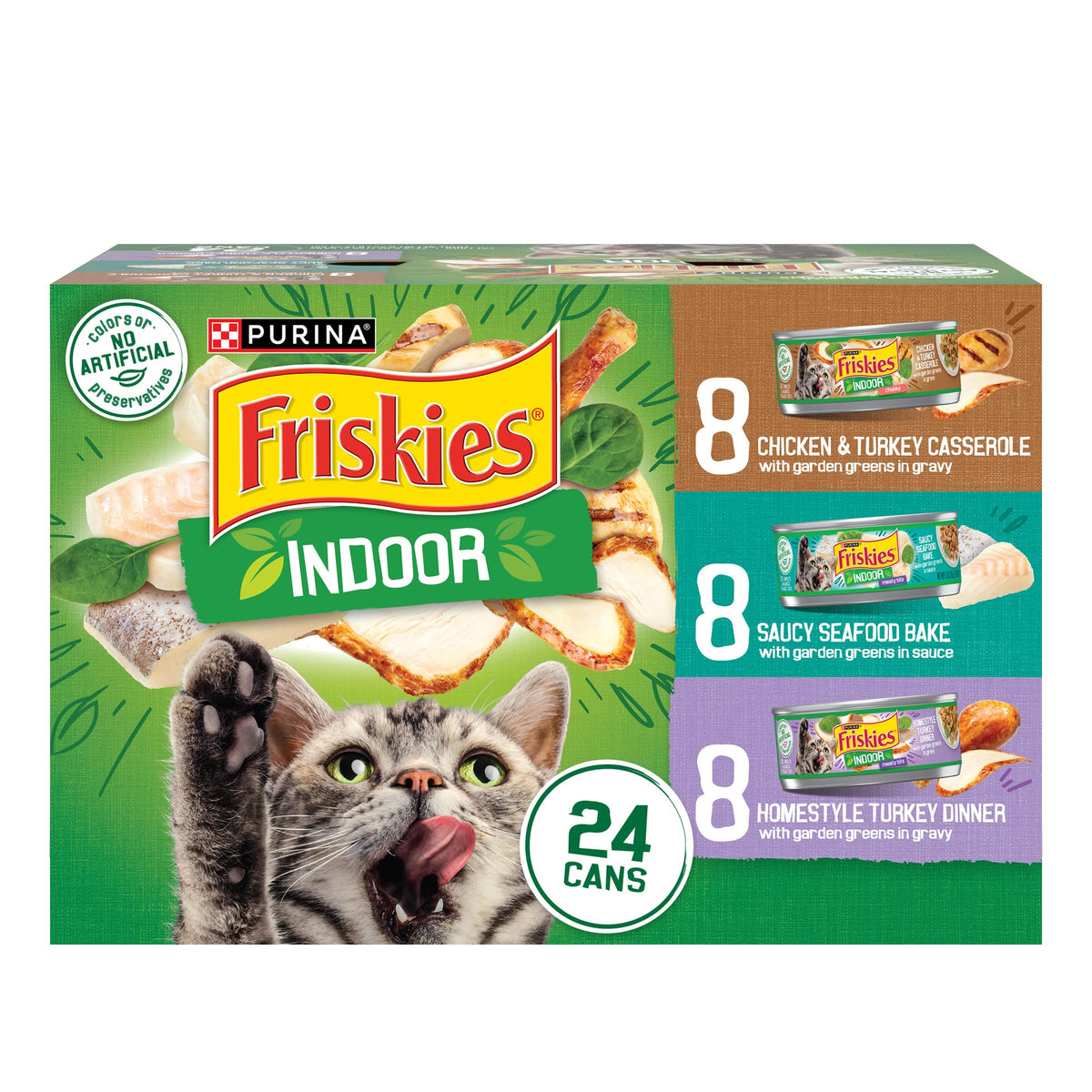 Purina Friskies Indoor Cat Food 24Ct Vp - (Chicken And Turkey Casserole, Saucy Seafood Bake, Homestyle Turkey Dinner) - (Pack Of 24) 5.5 Oz. Cans