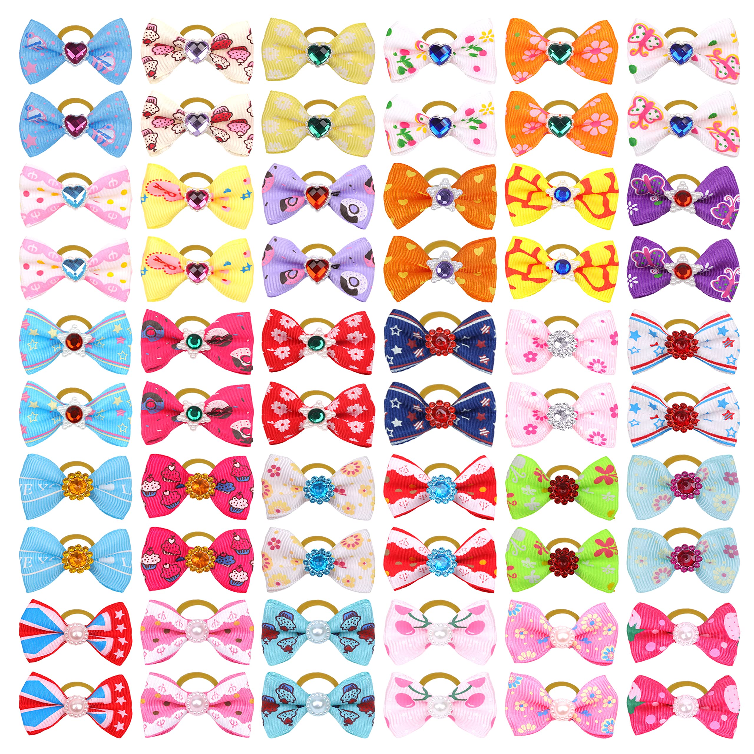 60Pcs Puppy Dogs Hair Barrettes Bows With Rubber Bands,Rhinestone Tiny Christmas Bowknot Hair Bows Hair Topknot Hair Clips For Cat Puppy Party Birthday,Handmade Hair Accessories Pet Grooming