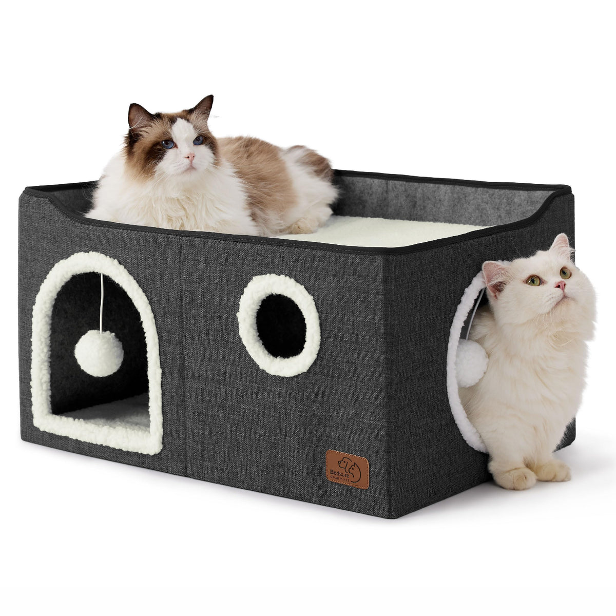 Bedsure Extra-Wide Cat House For Indoor Cats - Large Cat Cave For Pet Cat House With Fluffy Ball Hanging And Scratch Pad, Foldable Cat Hideaway For Multi Cats, 23.6X16.9X13 Inches, Dark Grey