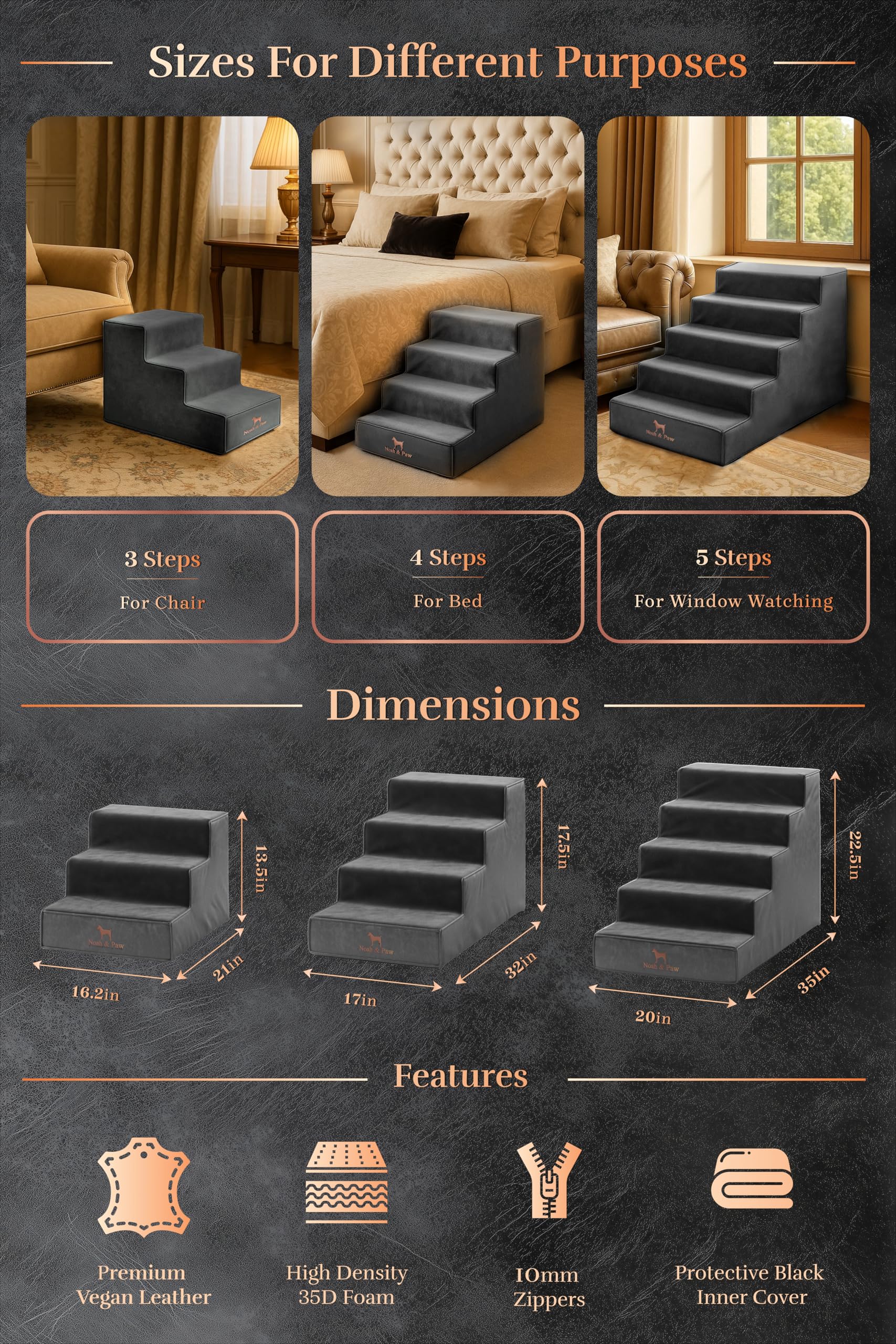 NOAH & PAW Dog Stairs - 16 Extra Wide Pet Ramp for High Beds, Durable 3 Steps for Small & Large Breeds, Black Leather Collection