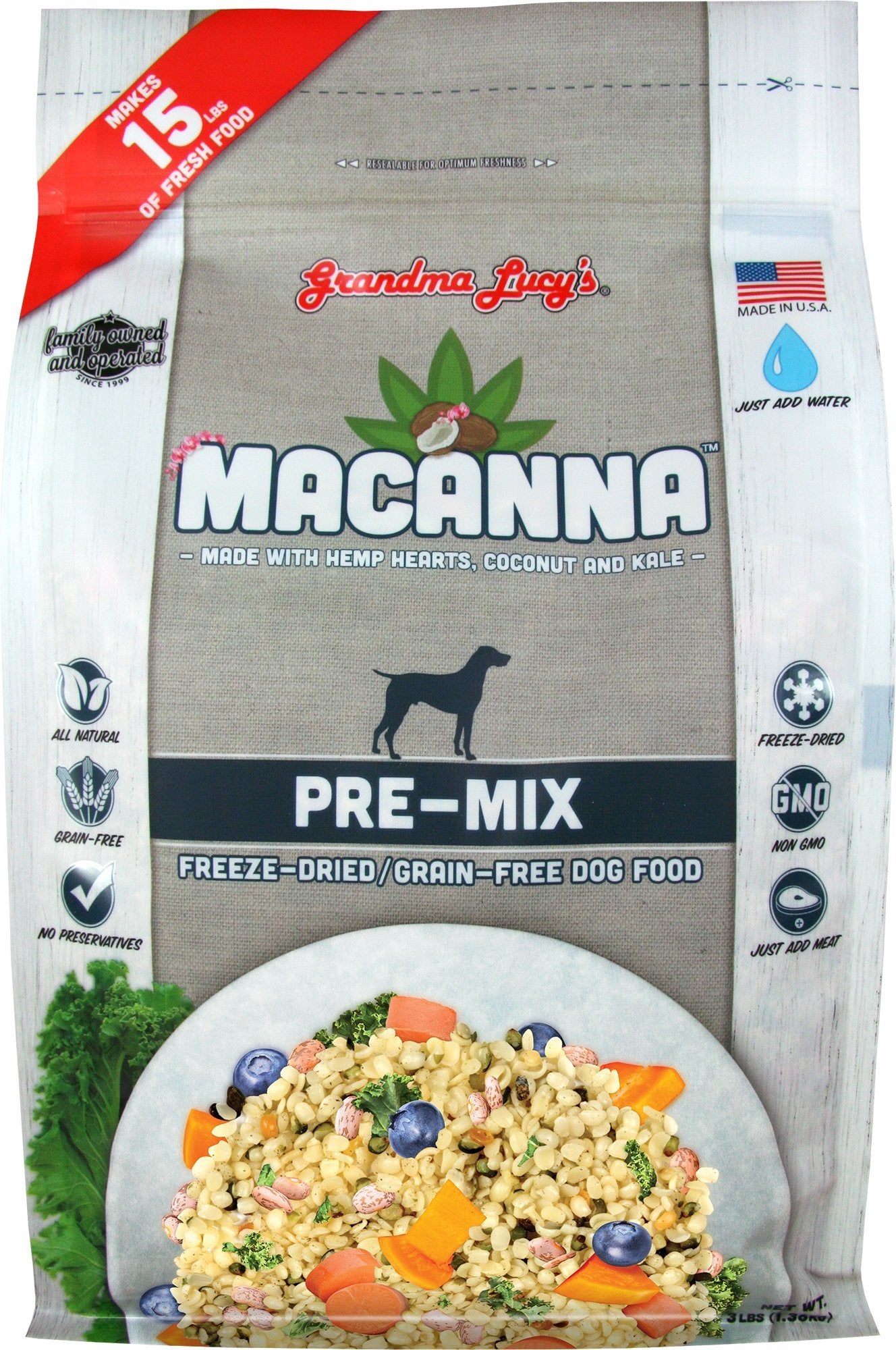 Grandma Lucys Macanna Dog Food, Grain Free and Freeze-Dried - Pre-Mix, 3Lb Bag