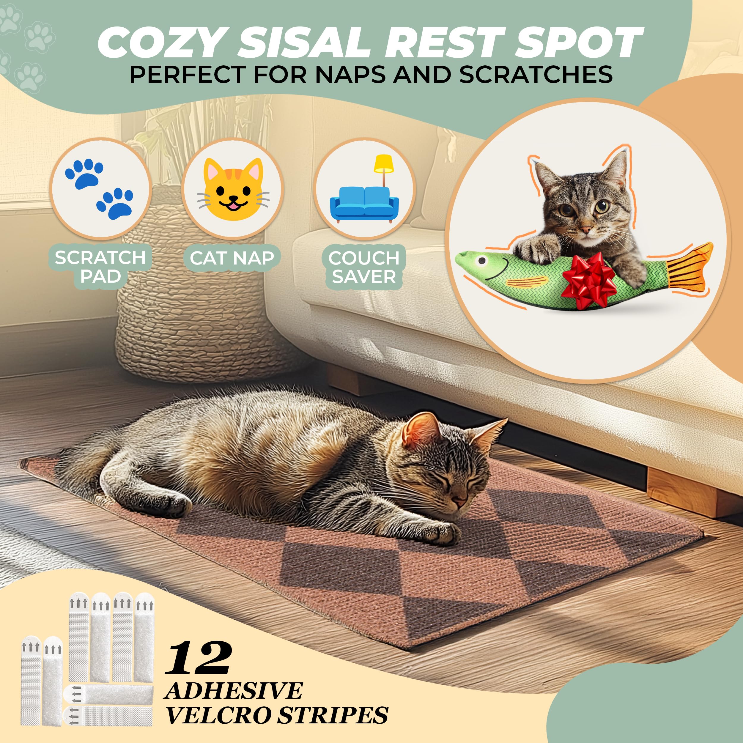 Evomotive Scratchable Sisal Cat Scratcher, [+ Catnip Fish Toy], Cat Wall Scratcher, Couch Protector From Cat Scratching, 24 X 15