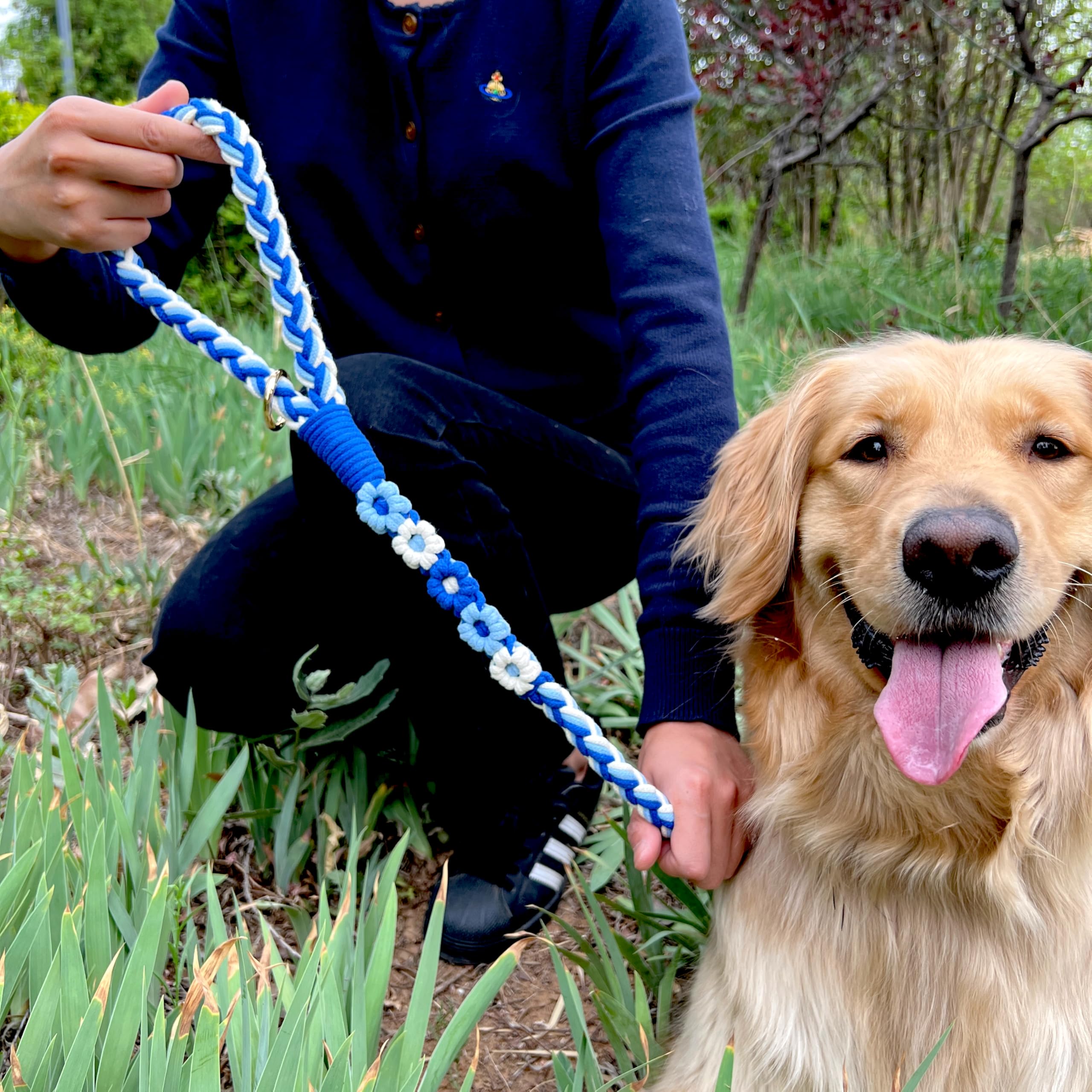 Handmade 5Ft Braided Cotton Dog Leash With Unique Floral Handle, Durable And Stylish, Ideal For Small To Large Dogs,Sea Wave