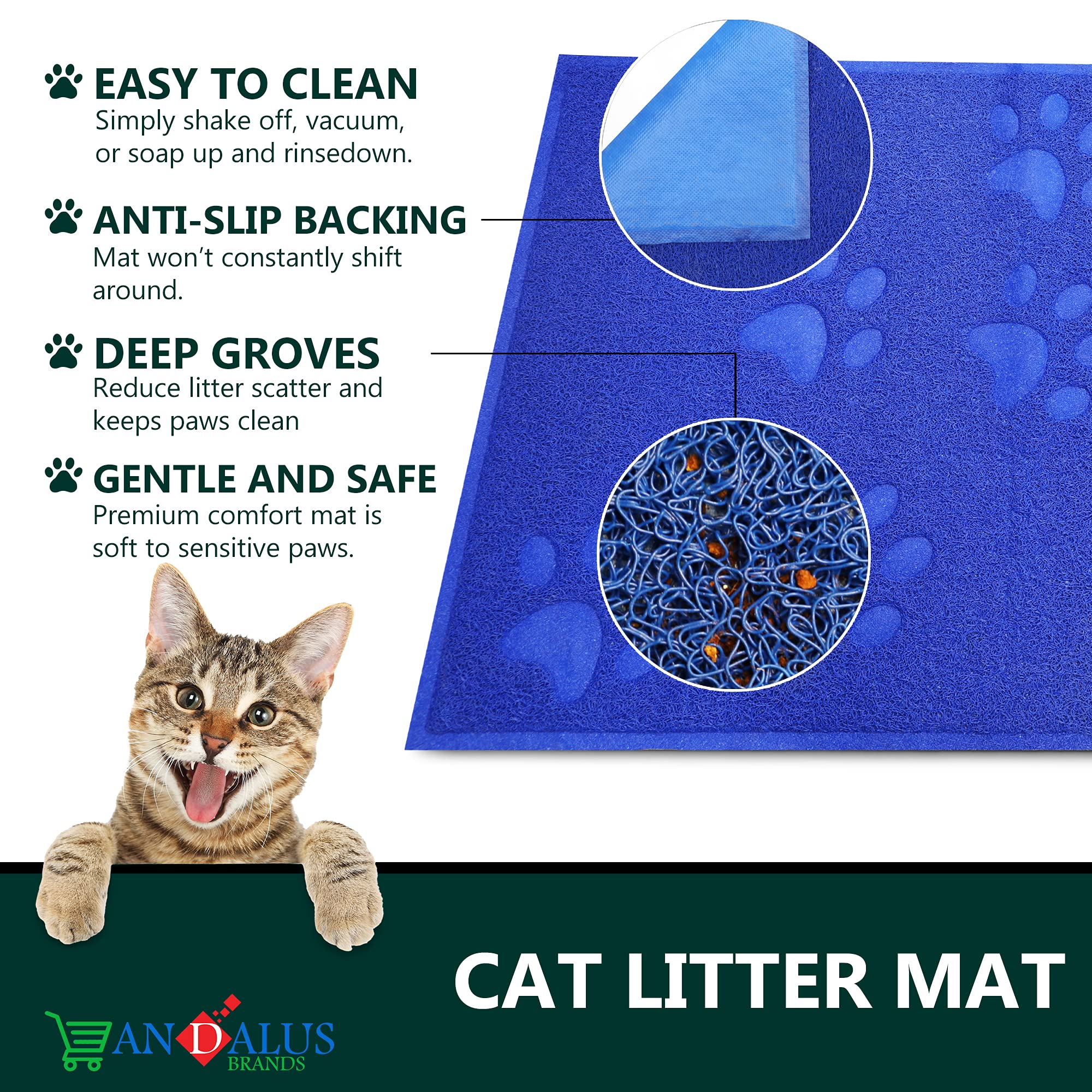 Andalus Extra Large Cat Litter Mat, Pack Of 1 - Waterproof, Non-Slip & Easy To Clean Cat Litter Box Mat For Extra Efficient Pet Litter-Trapping, Blue (35” X 23”)