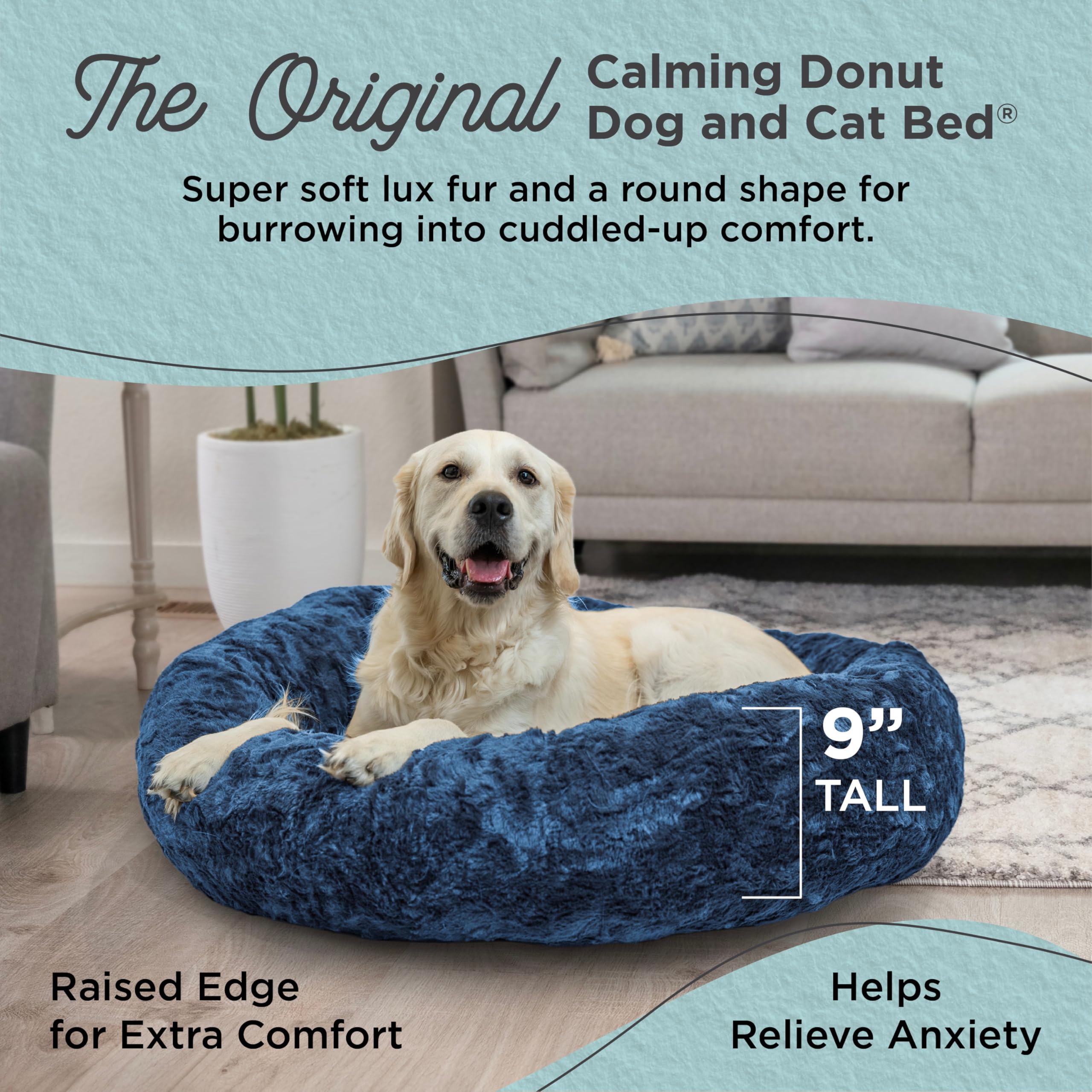 Best Friends By Sheri The Original Calming Donut Dog And Cat Bed In Lux Fur, Navy Blue, Large, 36X36