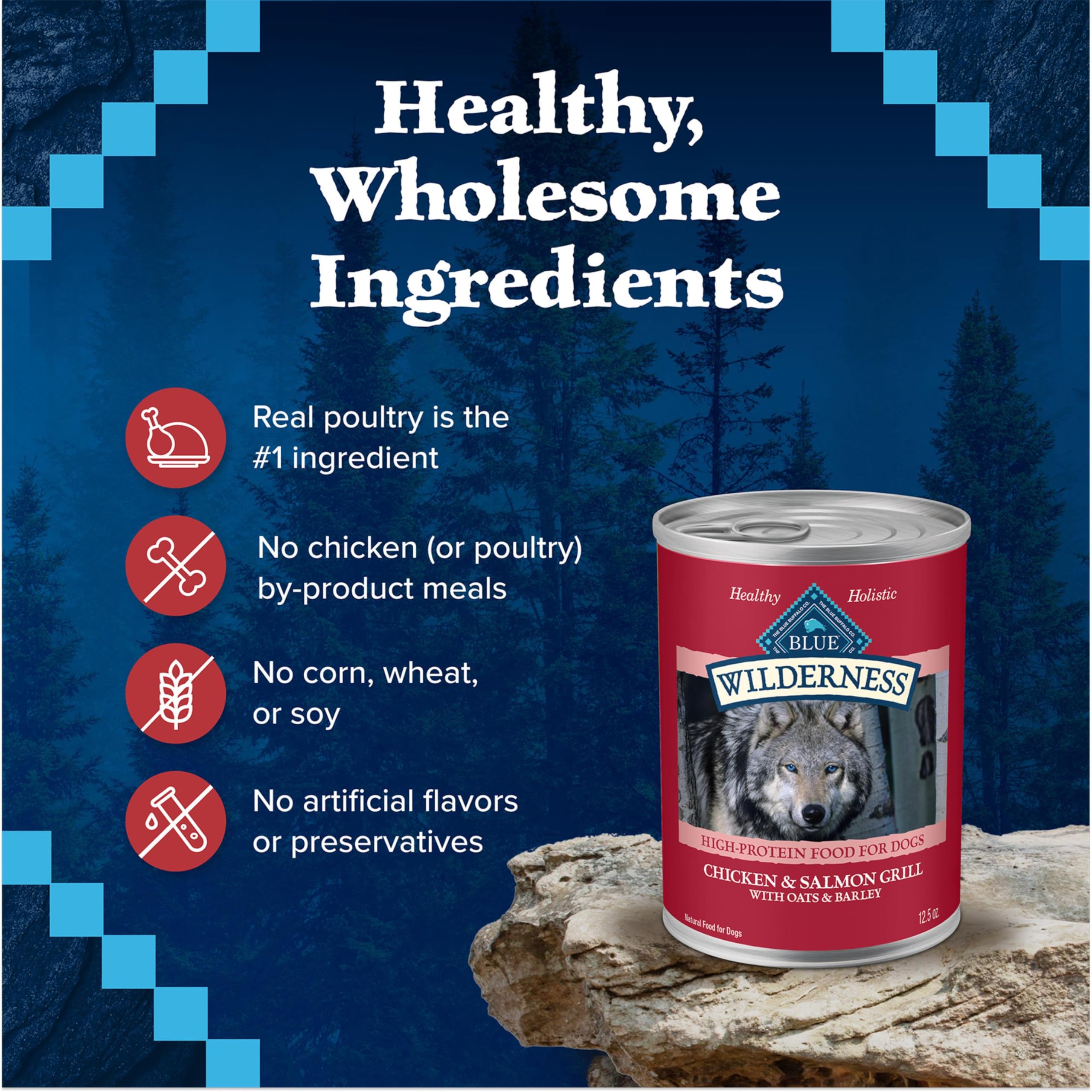 Blue Buffalo Wilderness High Protein Natural Adult Wet Dog Food Plus Wholesome Grains, Chicken & Salmon Grill 12.5-oz Cans (Pack