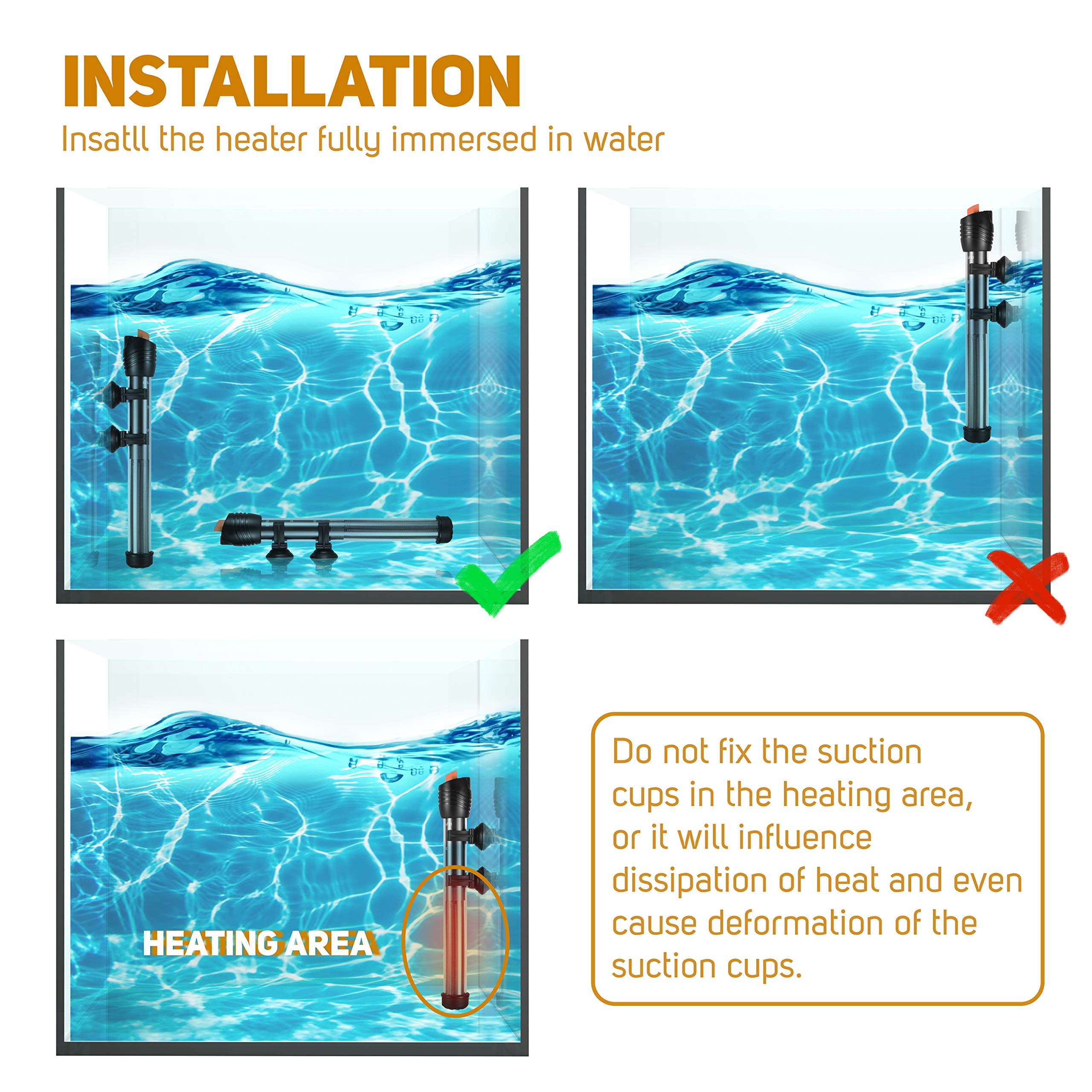 Orlushy Submersible Aquarium Heater,500W Fish Tahk Heater With Adjust Knob Thermostat 2 Suction Cups And Free Thermometer Suitable For Marine Saltwater And Freshwater (500W)