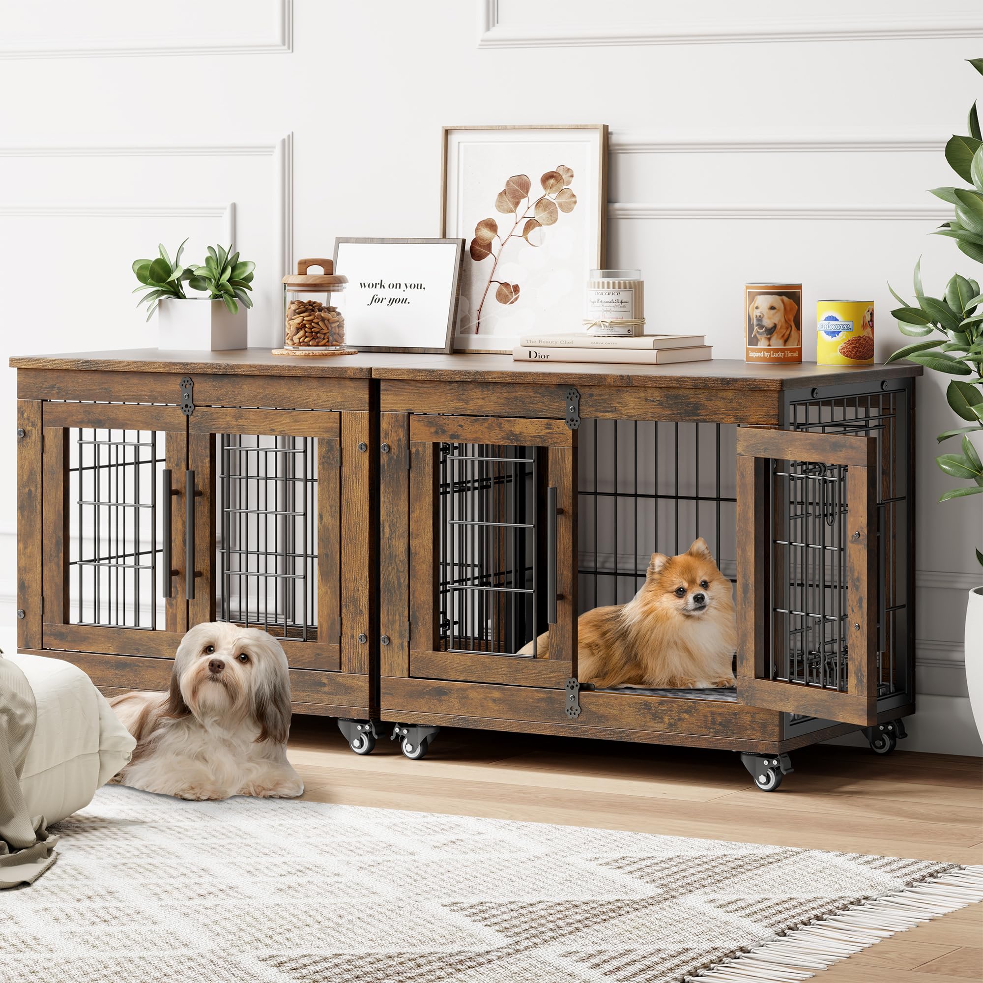 YaFiti Dog Crate Furniture with Cushion Set of 2, Wooden Dog Kennel Indoor with Double Doors, Dog Cage with Wheels, Dog House Si