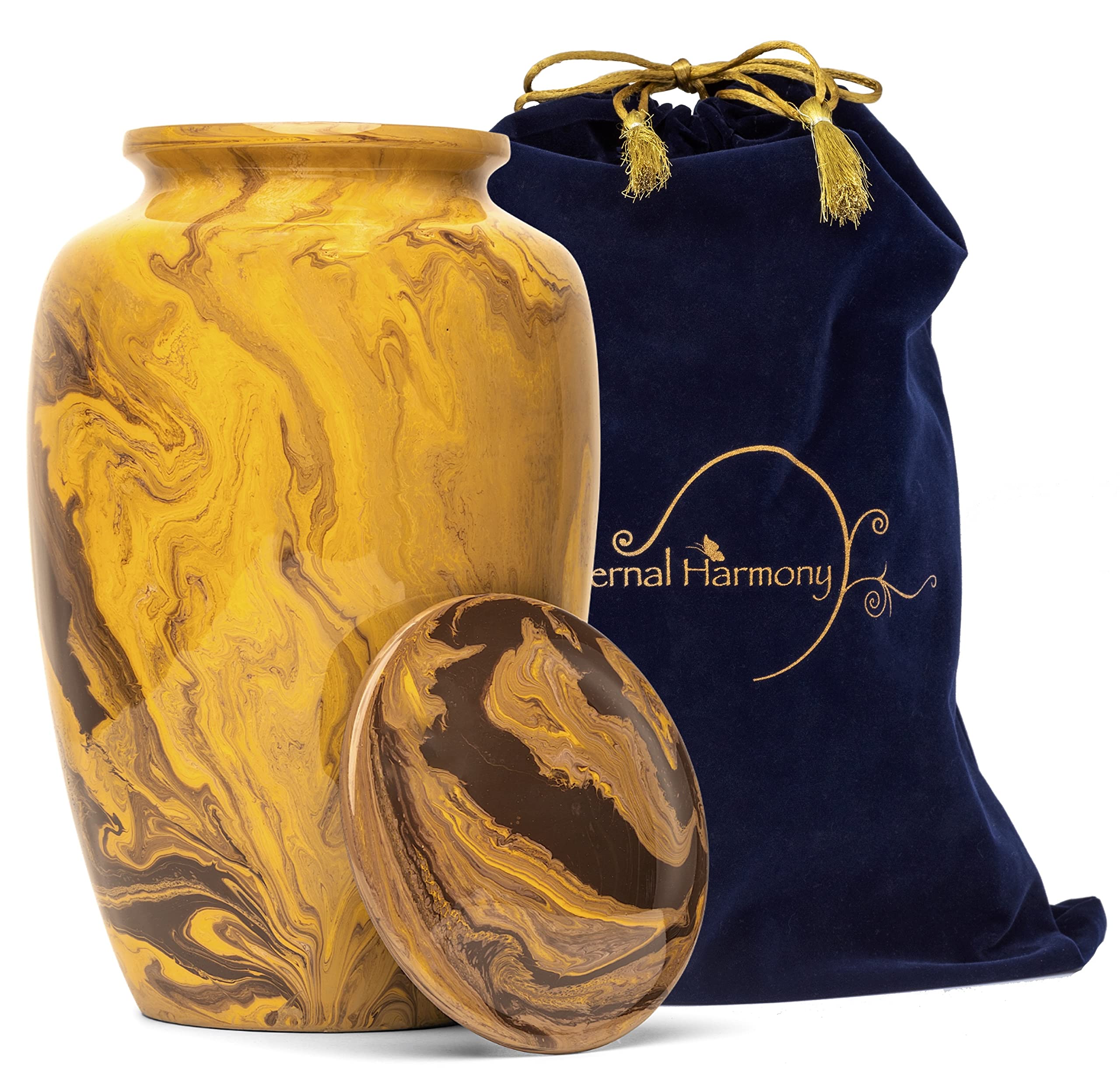 Eternal Harmony Large Urn For Ashes, Adult Male & Female Cremation Urn For Human Ashes With Elegant Finishes, Secure Seal & Velvet Bag, Funeral Urn For Men & Women Up To 200 Lbs, 7”X11” (Gold Milo)