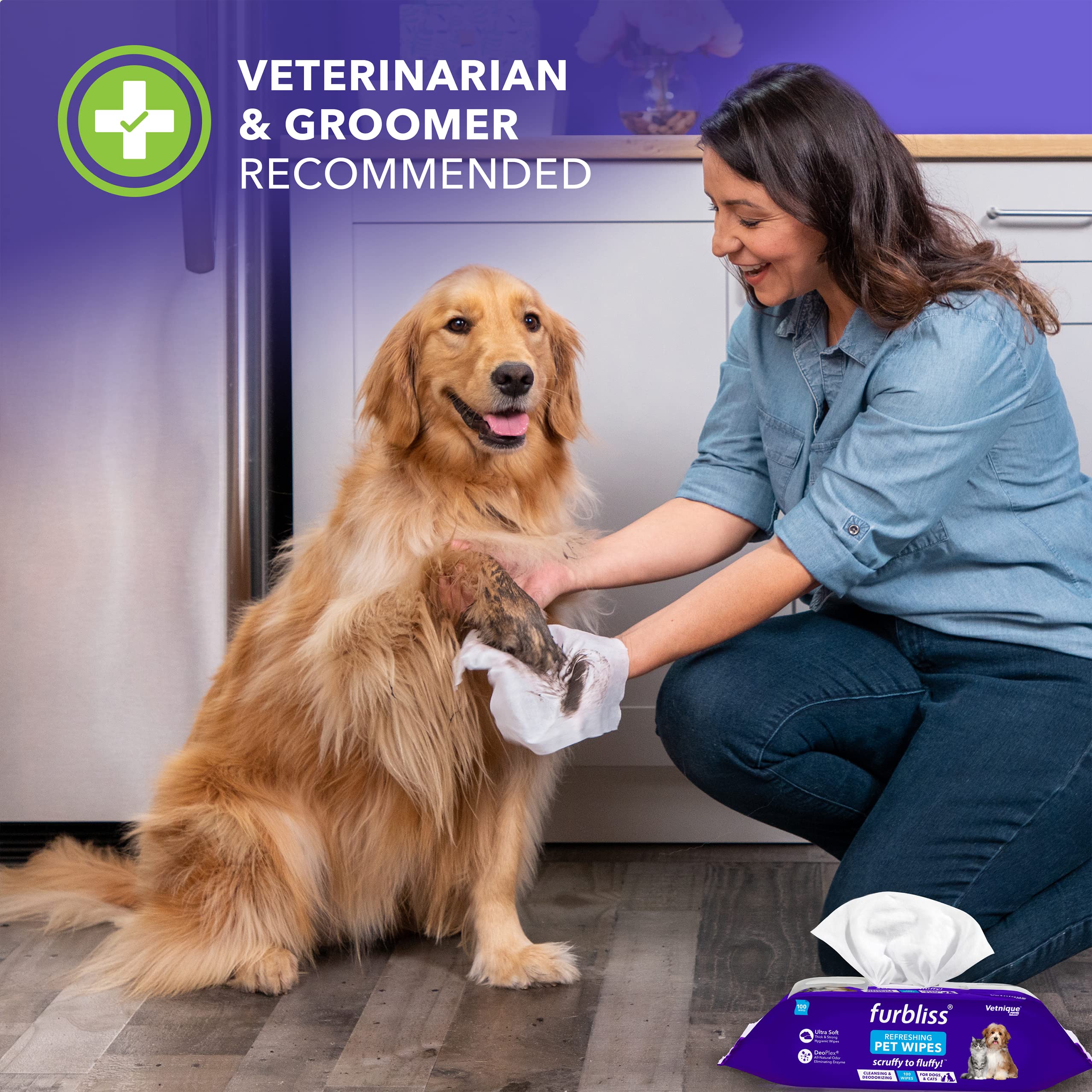 Vetnique Labs Furbliss Hygienic Pet Wipes For Dogs & Cats, Cleansing Grooming & Deodorizing Hypoallergenic Thick Wipes With All
