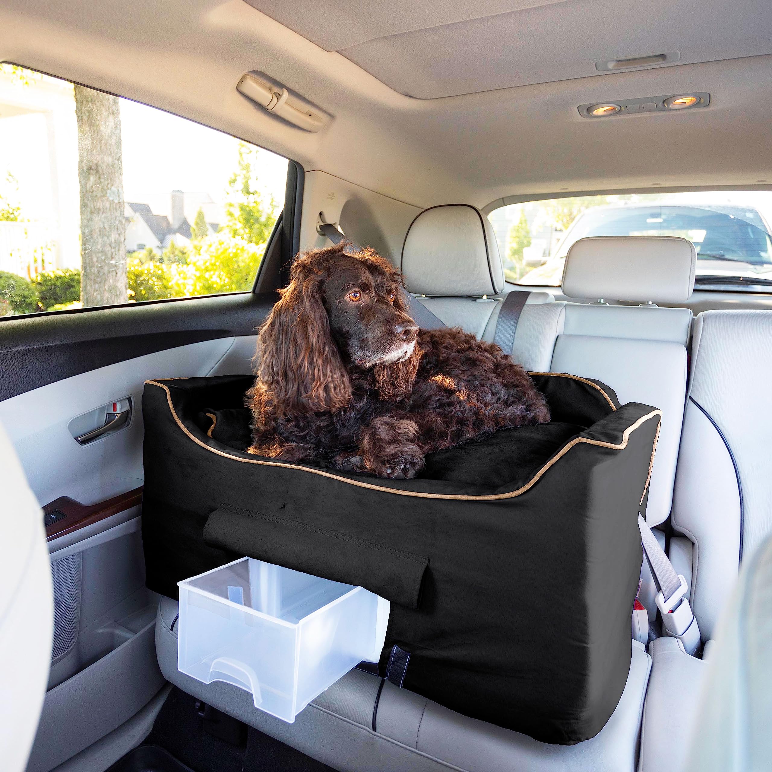 Snoozer Dog Car Seat With Storage Tray: Lookout Ii Dog Booster Car Seat Medium Sized Dog, Pet Car Seat To Help Car Sickness For Dogs, Included Harness Strap, Black Removable Washable Cover