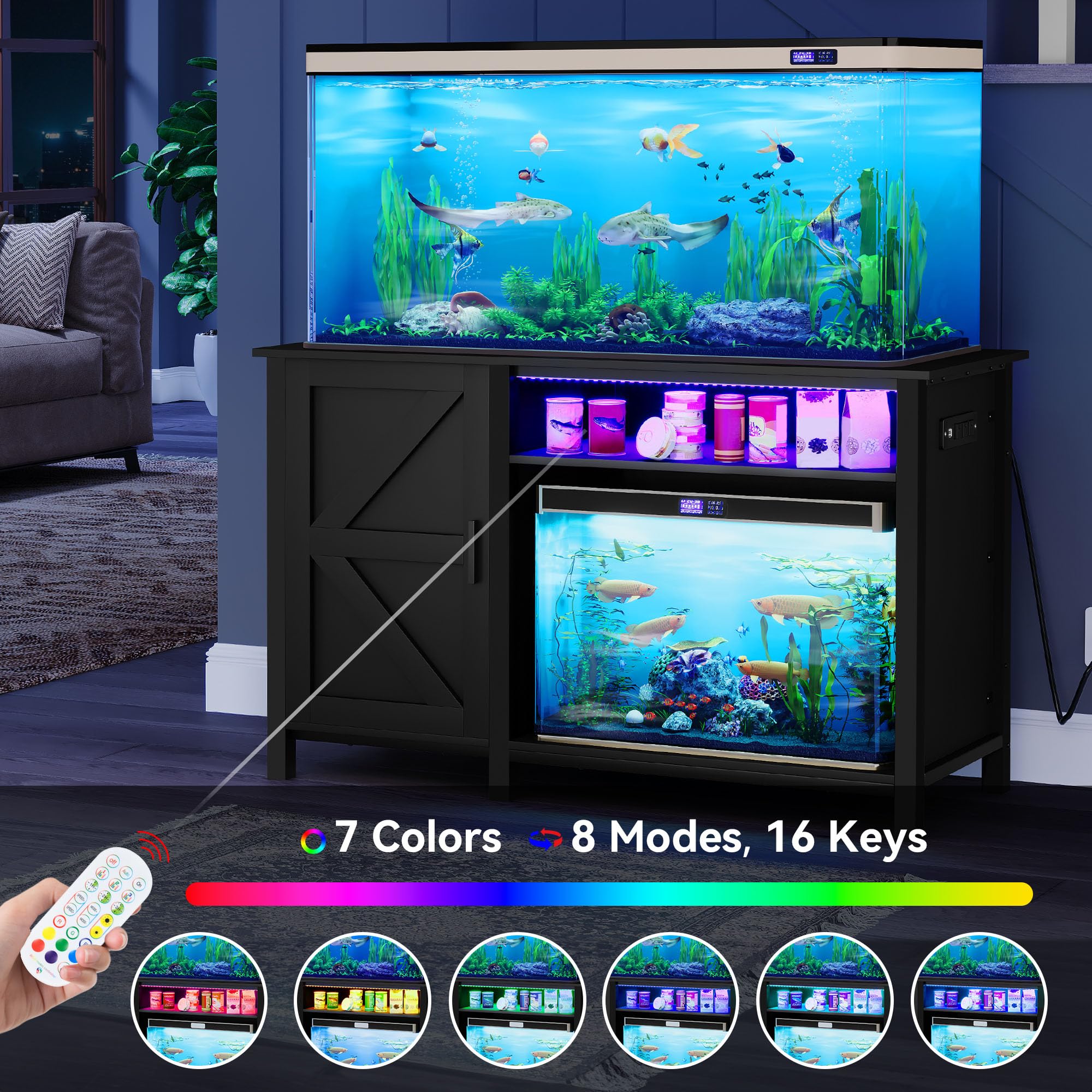 YITAHOME Aquarium Stand with Power Outlets, 55-75 Gallon Fish Tank Stand, Cabinet with RGB Light Strip Suitable for Turtle Tank,
