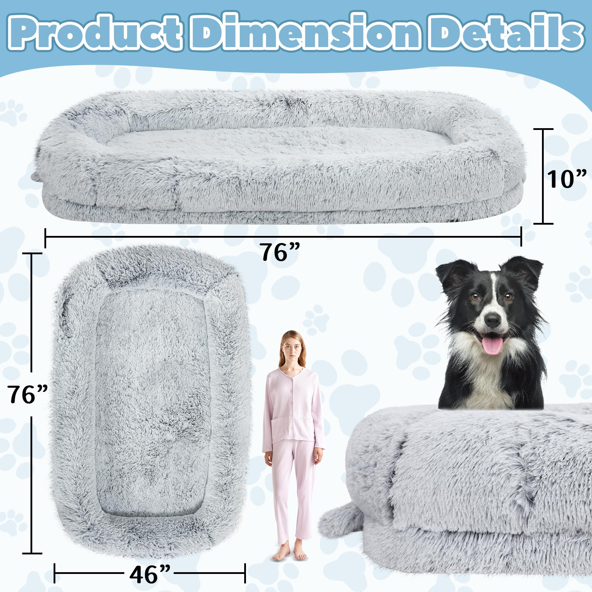 Murago Human Dog Bed For Adults, 40 X 10 X 71 Long Human Size Dog Bed, Removable Cover, Orthopedic Design, Light Grey