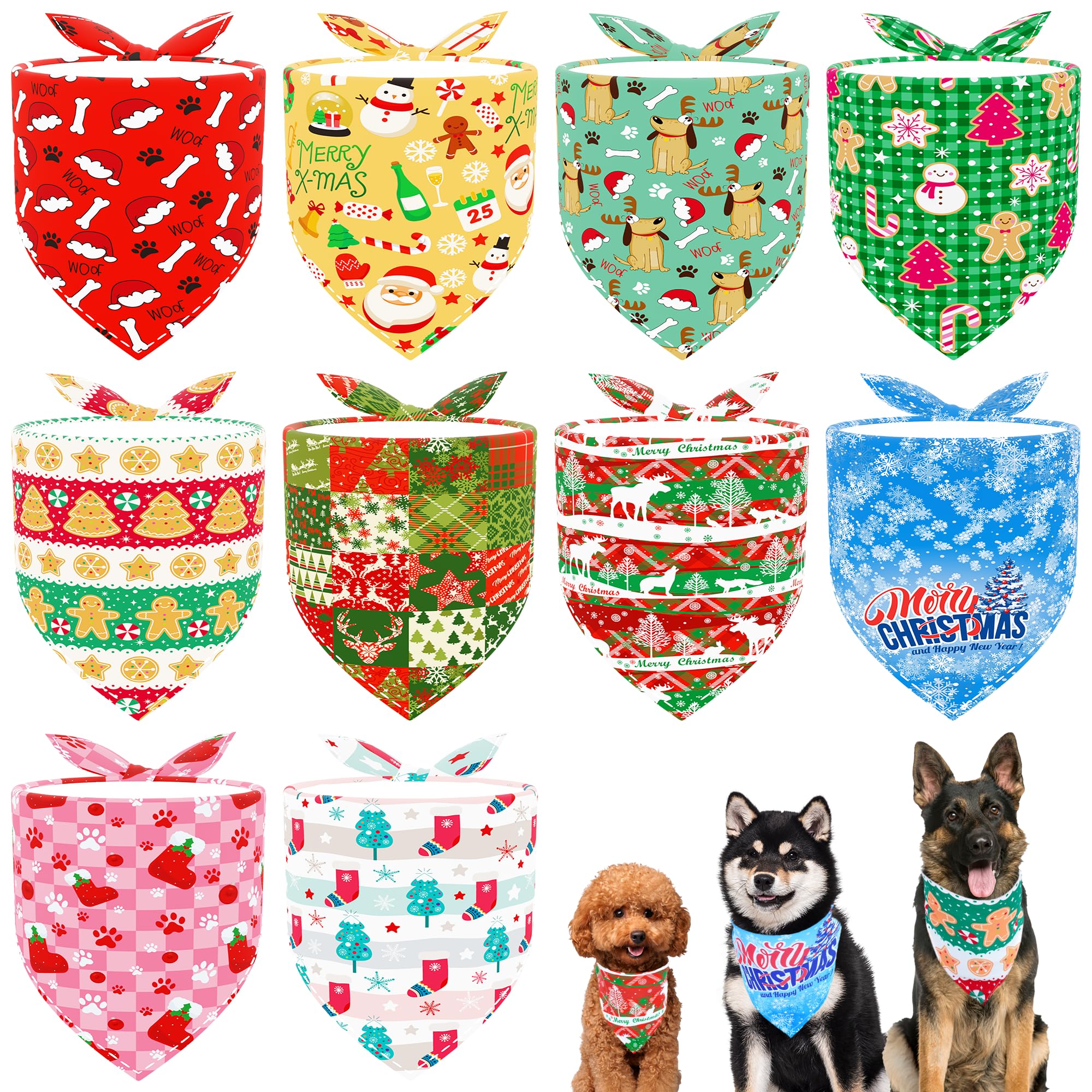 JpGdn 10pcs Large Christmas Dog Bandanas Kerchief Triangle Bibs Scarves Snowman Santa Claus Elk Christmas Tree Pattern for Girl 