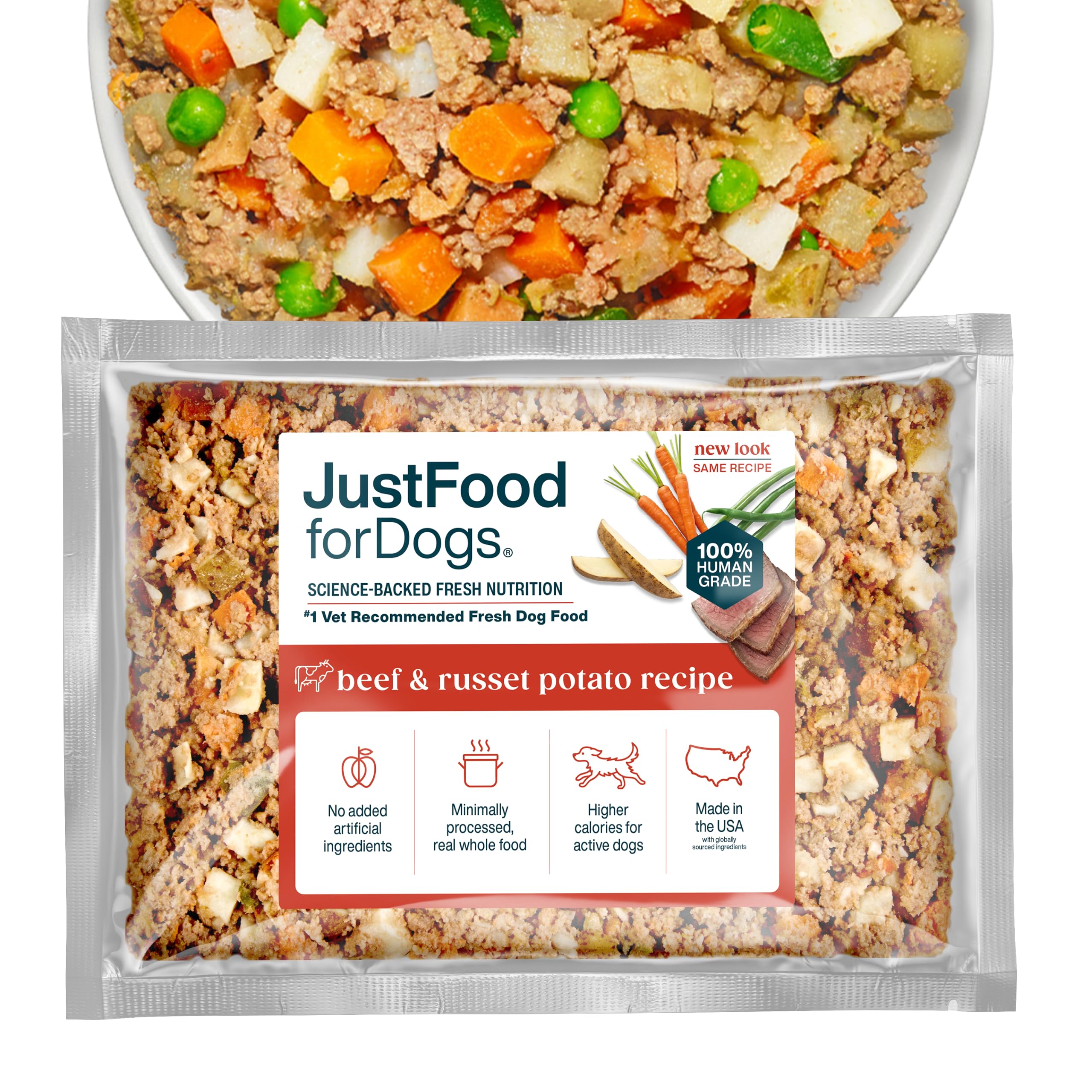 JustFoodForDogs Frozen Fresh Dog Food, Complete Meal or Dog Food Topper, Beef & Russet Potato Human Grade Dog Food Recipe, 72 oz