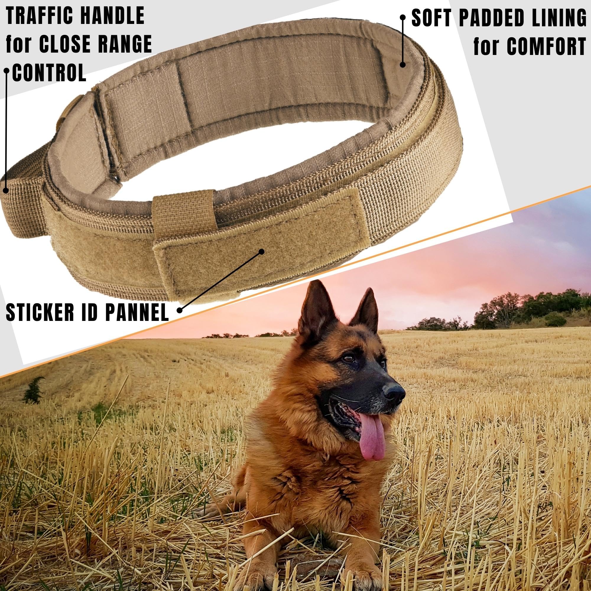 Adityna - Tactical Dog Collar For Large Dogs - Soft Padded, Heavy Duty, Adjustable Dog Collar With Handle For Training And Walki