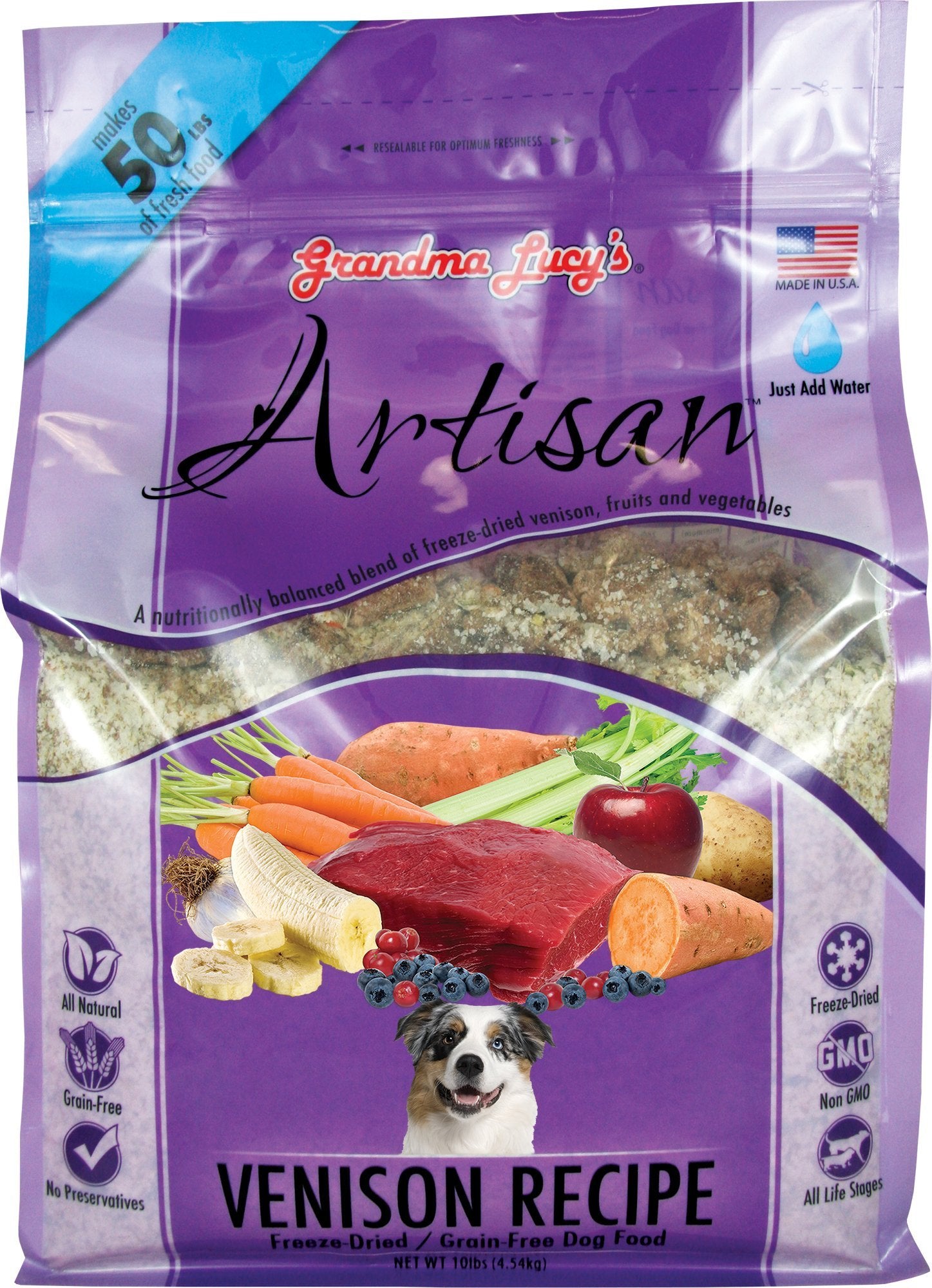Grandma Lucys Artisan Dog Food, Grain Free and Freeze-Dried - Artisan Venison, 10Lb Bag